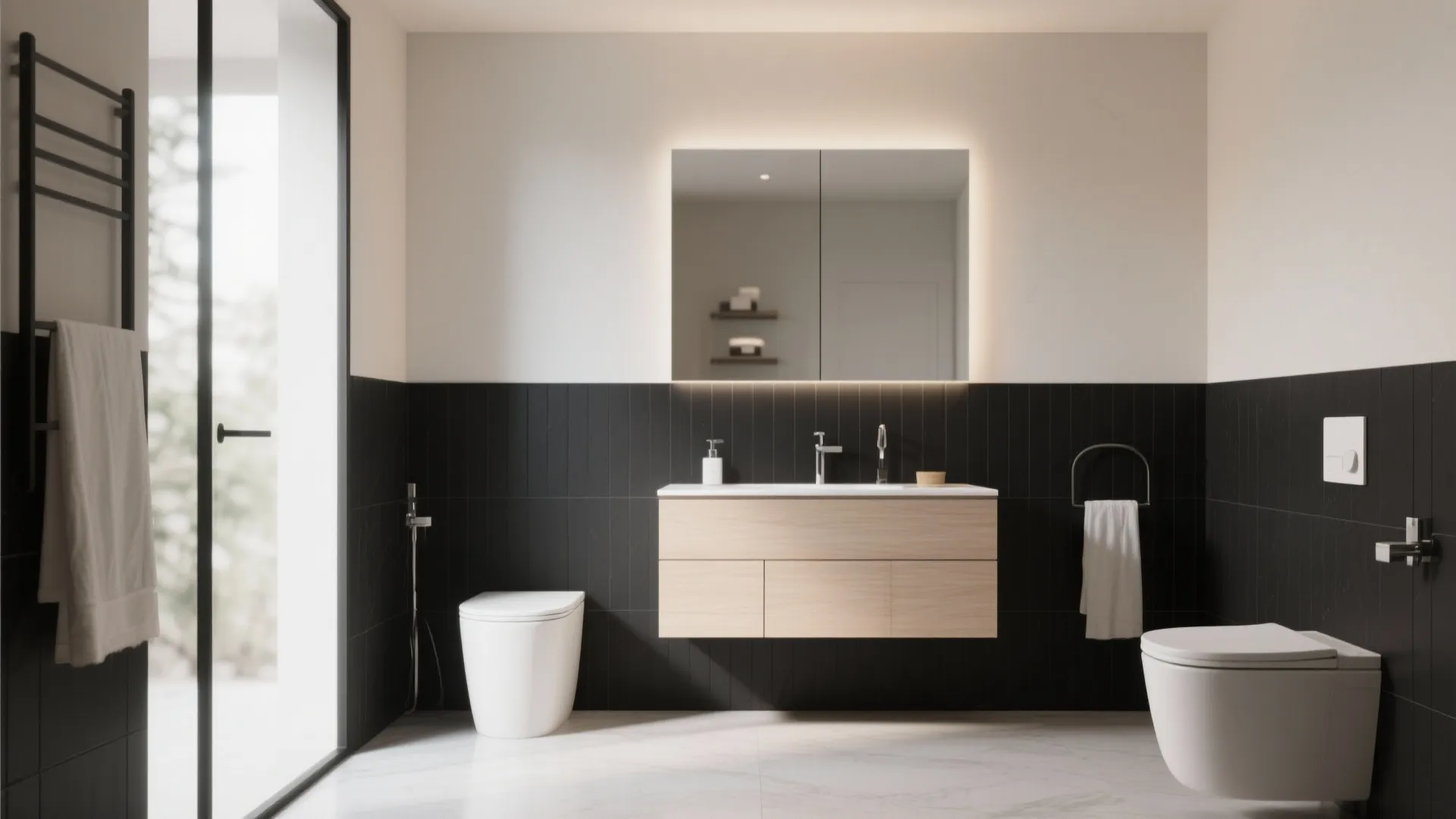 Minimalist bathroom with black wall panel wooden cabinet lighted mirror white toilet and marble floor tiles