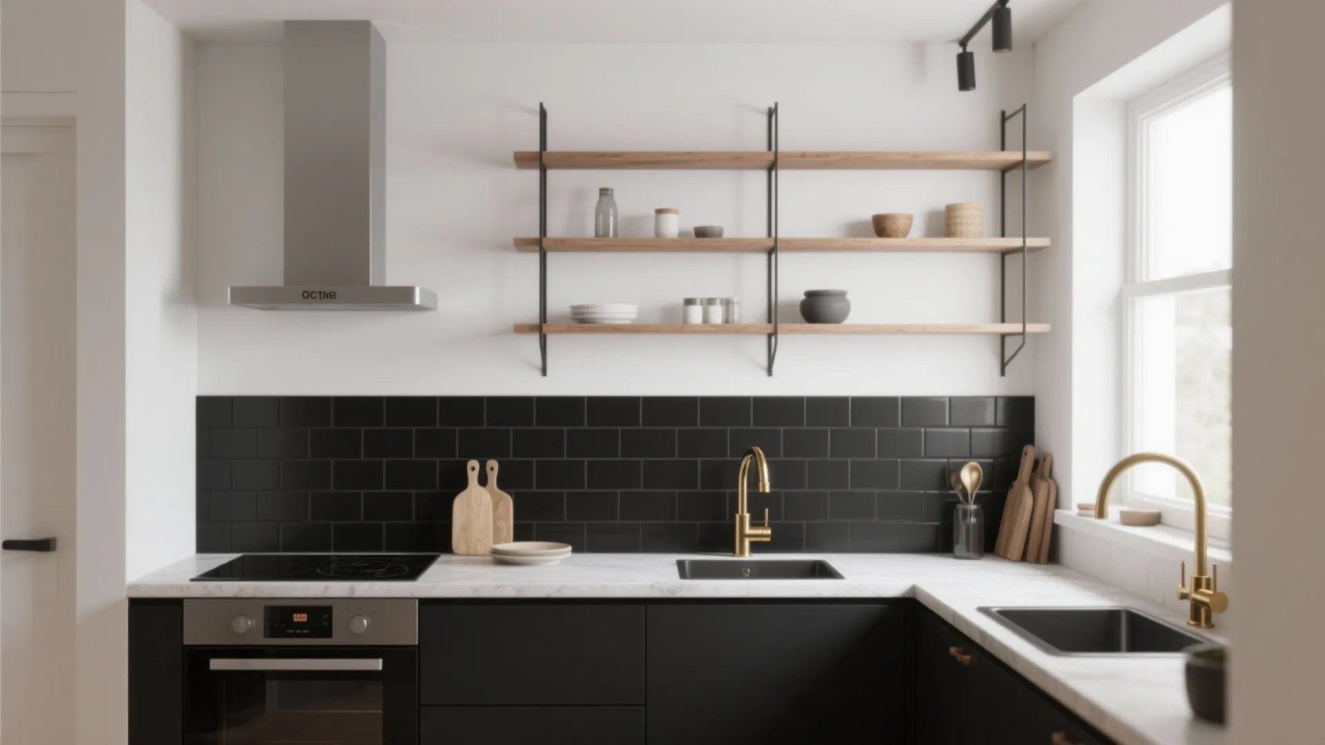 Studio kitchen with half-height matte black backsplash and white wall above with open shelving