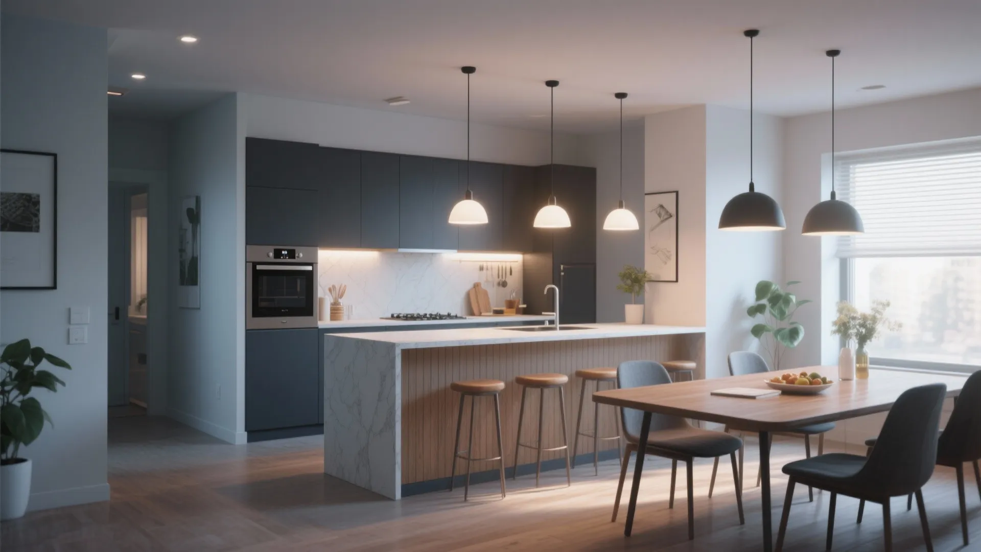 Modern open kitchen with marble island stools and wooden dining table under stylish ceiling lights
