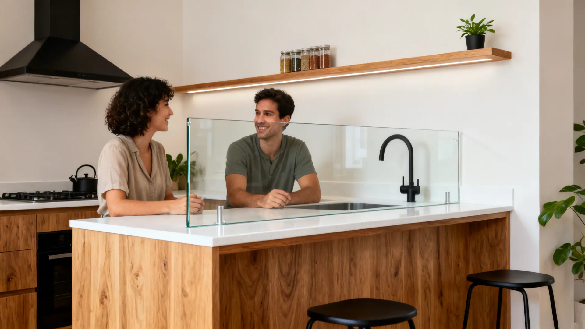 Counter-height clear glass shield with a slim oak shelf bridging to the wall above a kitchen island.
