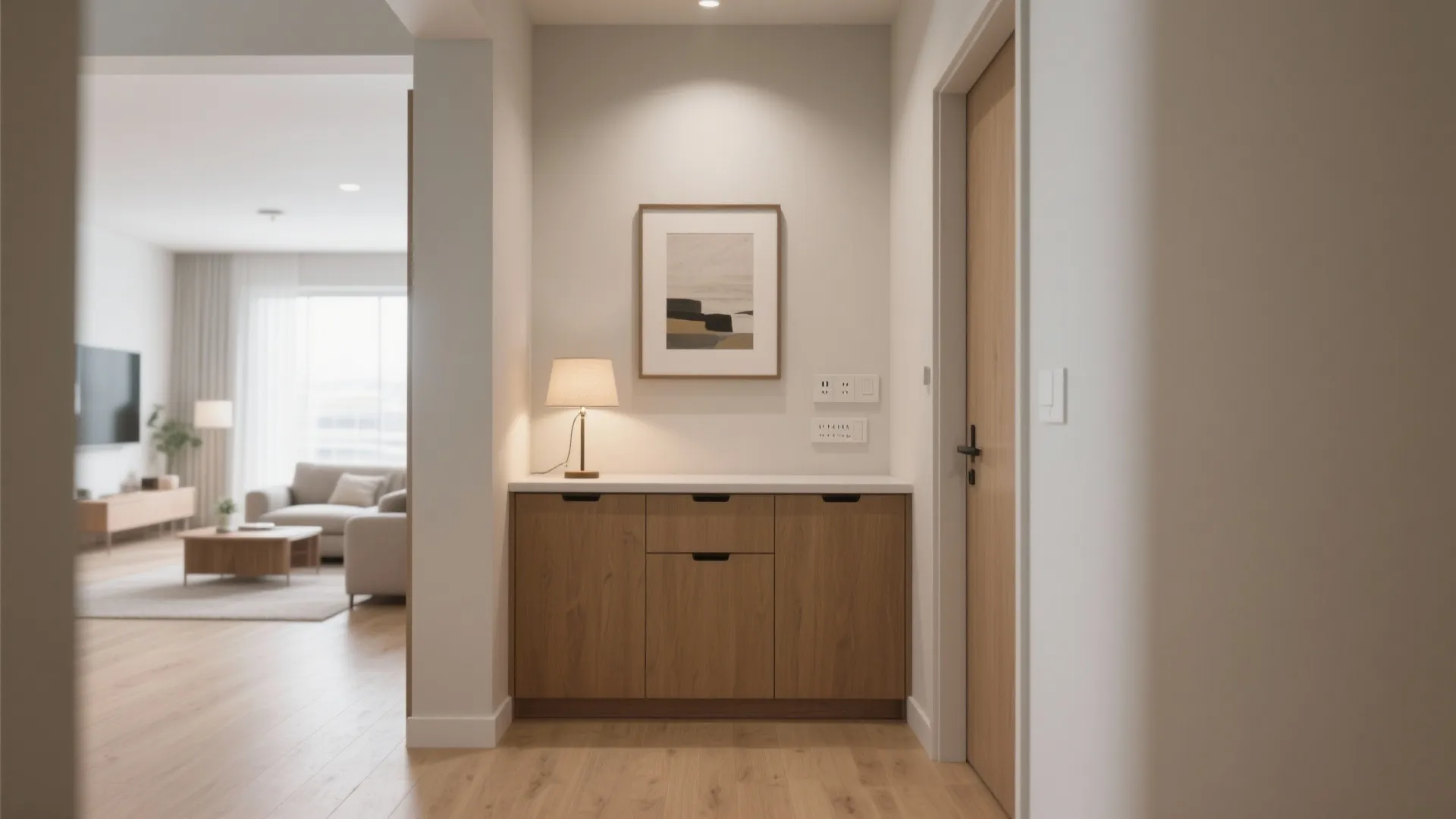 Half-height console wall with drawers defines a small hallway while keeping sightlines open.