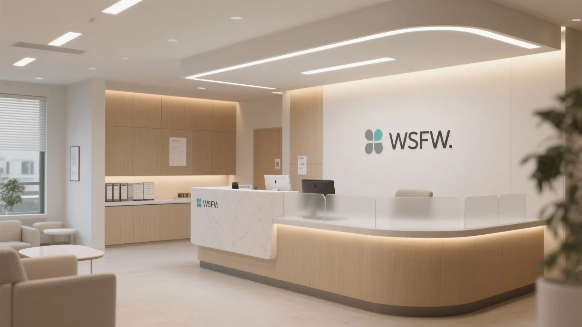Modern clinic reception area with curved white counter wood cabinets wall logo and soft ceiling lights