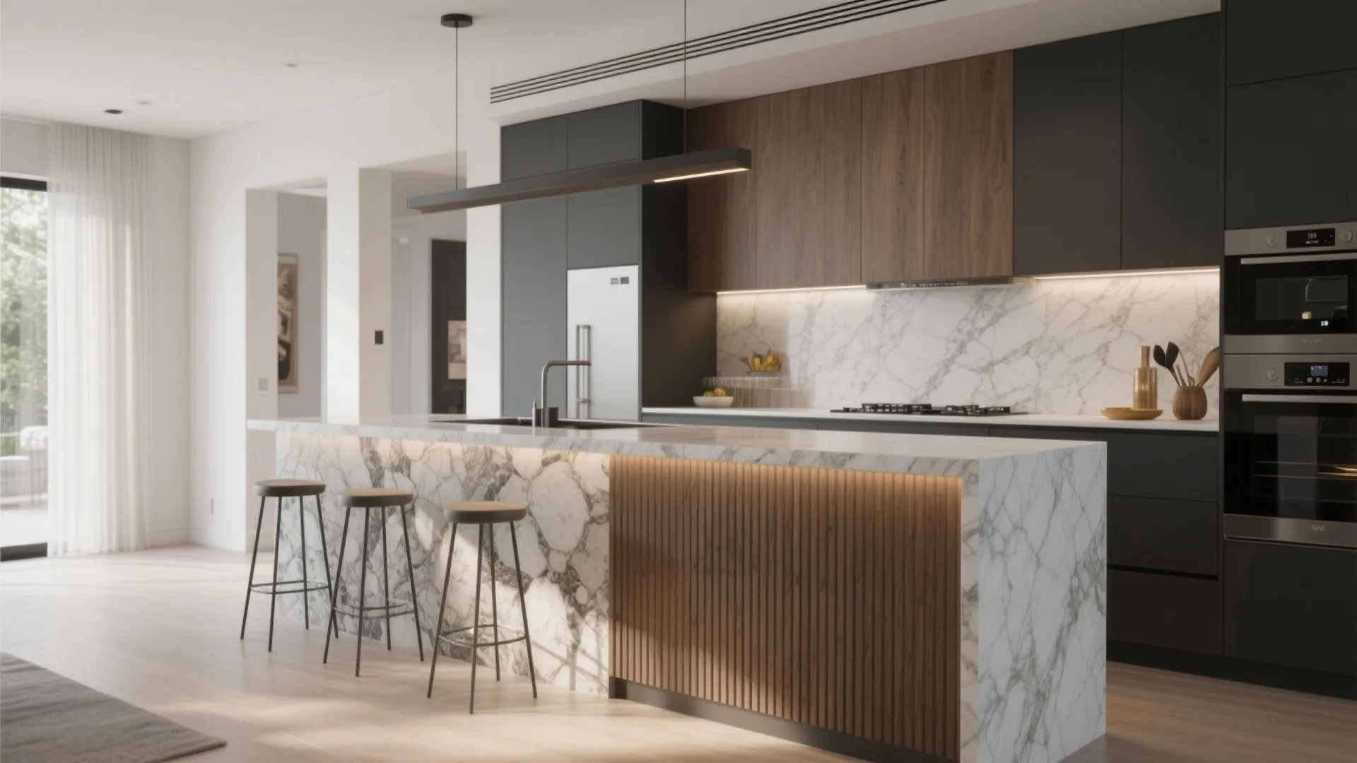 Modern dark kitchen with marble island three bar stools wood paneling and black light fixture