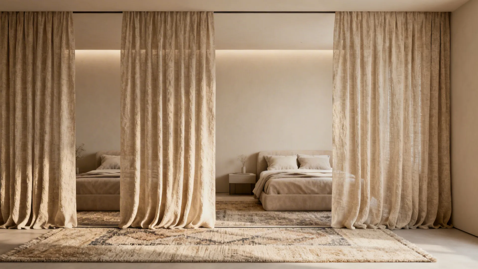 Half-height partition topped with curtains dividing a bedroom while keeping it airy and soft.