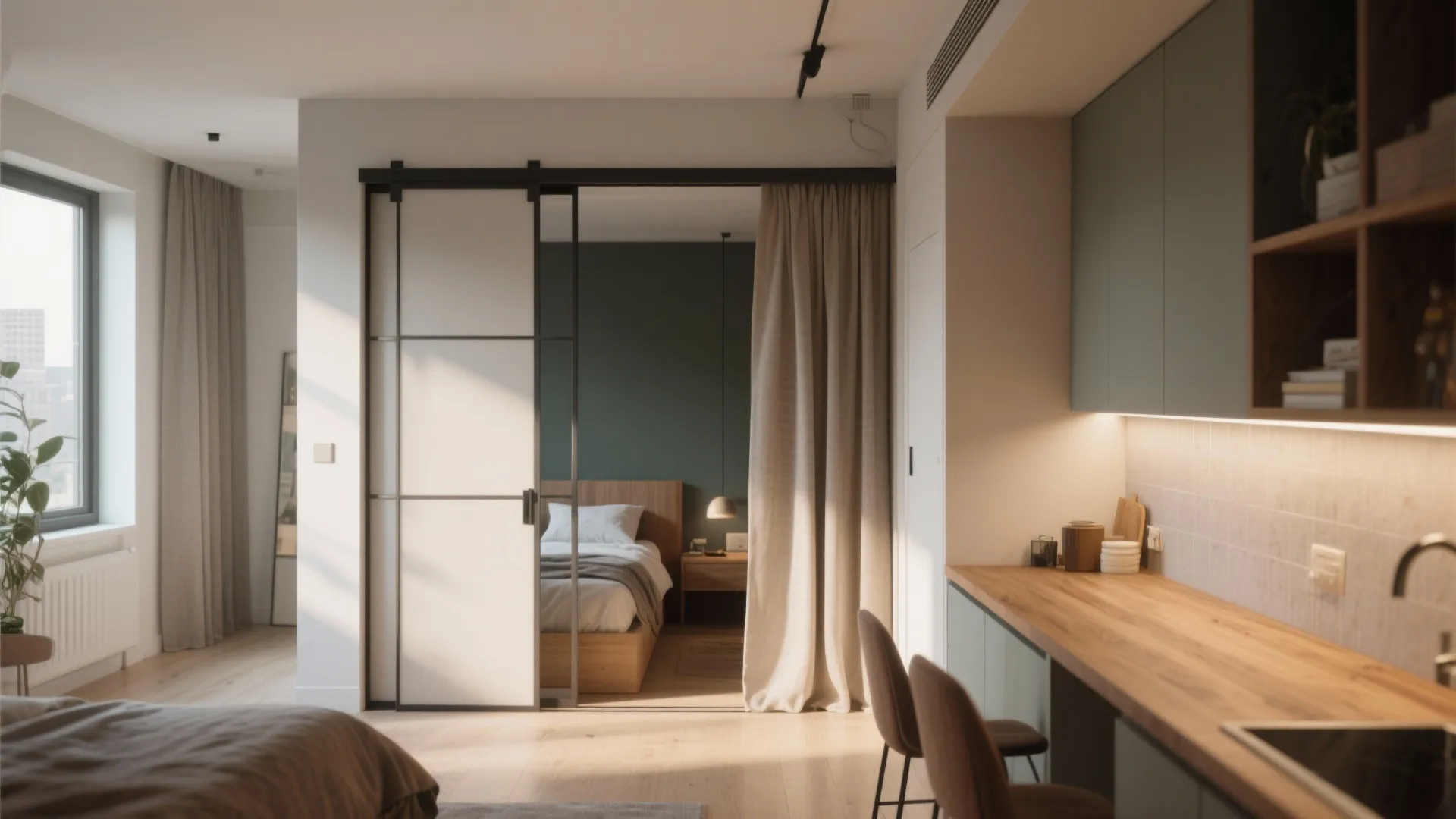 4. Half-height folding doors as visual dividers