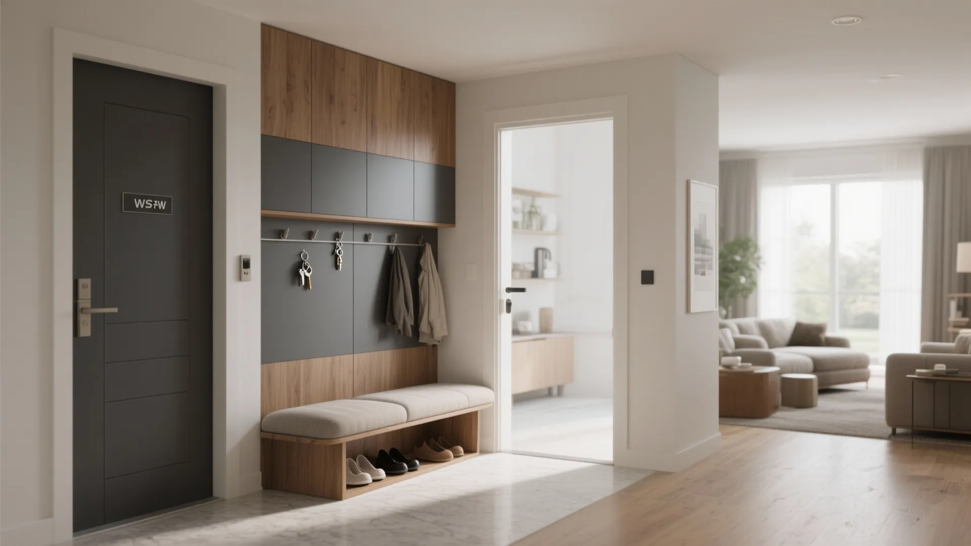 Entrance hallway with a dark door wooden cabinet storage bench and view of living room