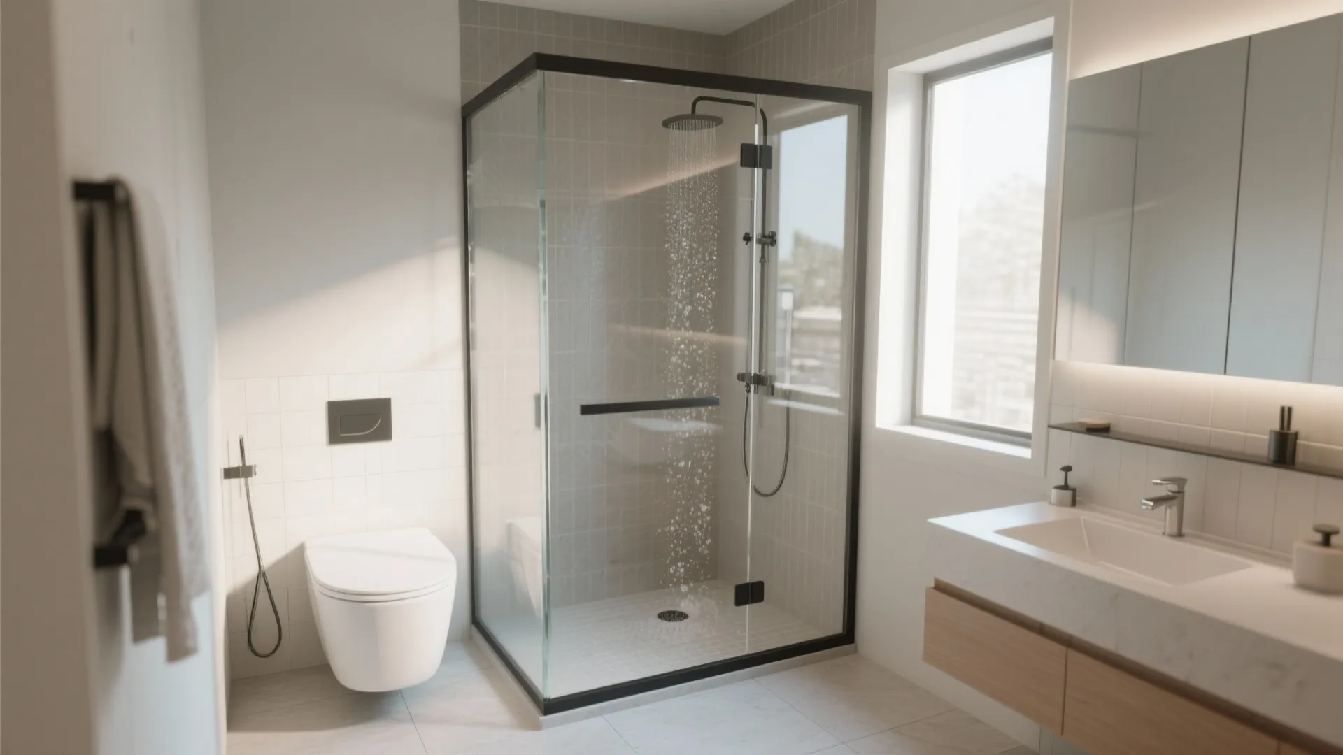 Clean bathroom design featuring glass shower corner, white toilet, marble vanity, and large mirror with light