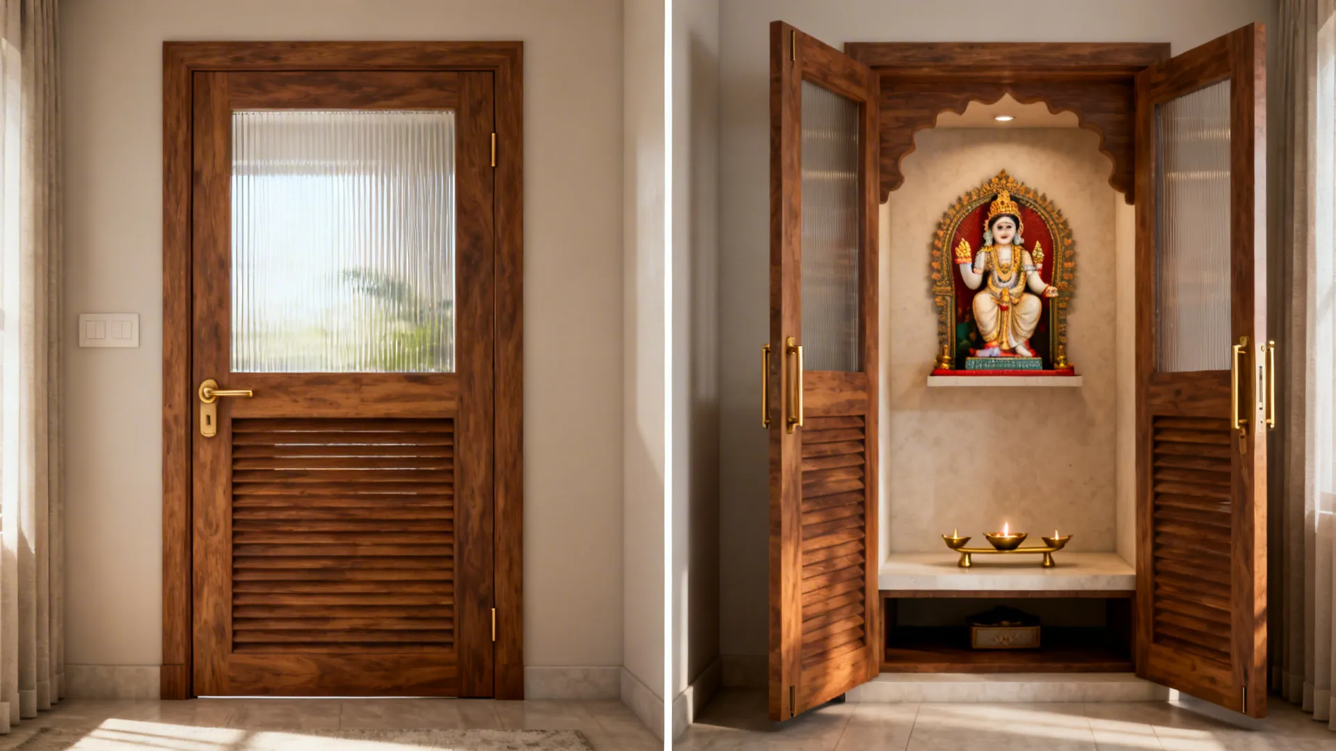 Half-height pooja doors with frosted glass upper panels diffuse light in a small home.