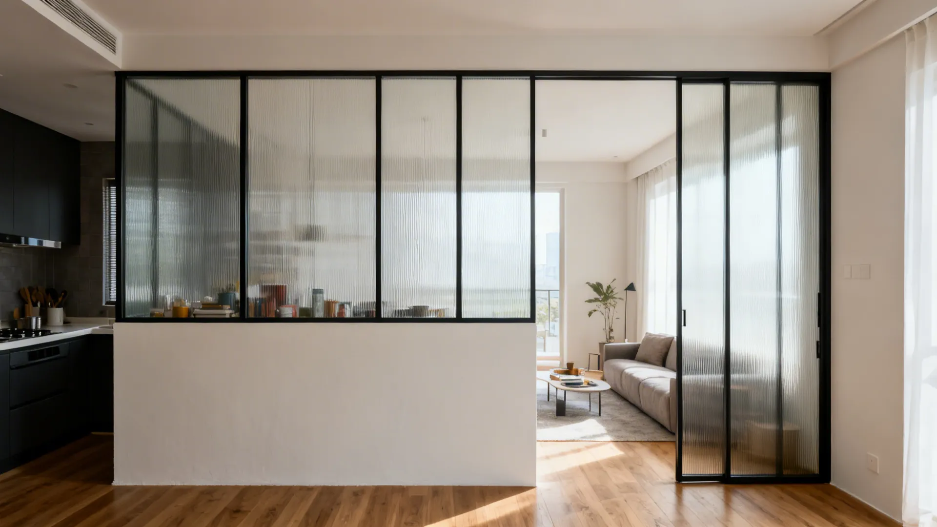 Half-height kitchen wall with reeded glass upper brightening a small living space