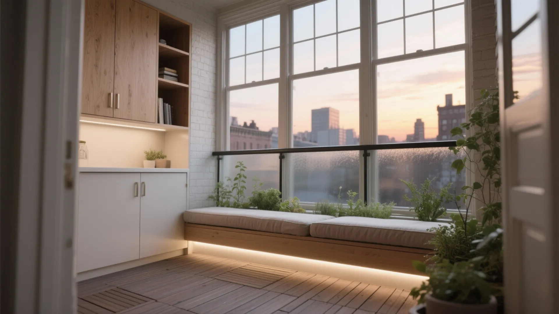 Compact balcony with half-height laminated glass wind block and a cushioned storage bench glowing with LED lighting.