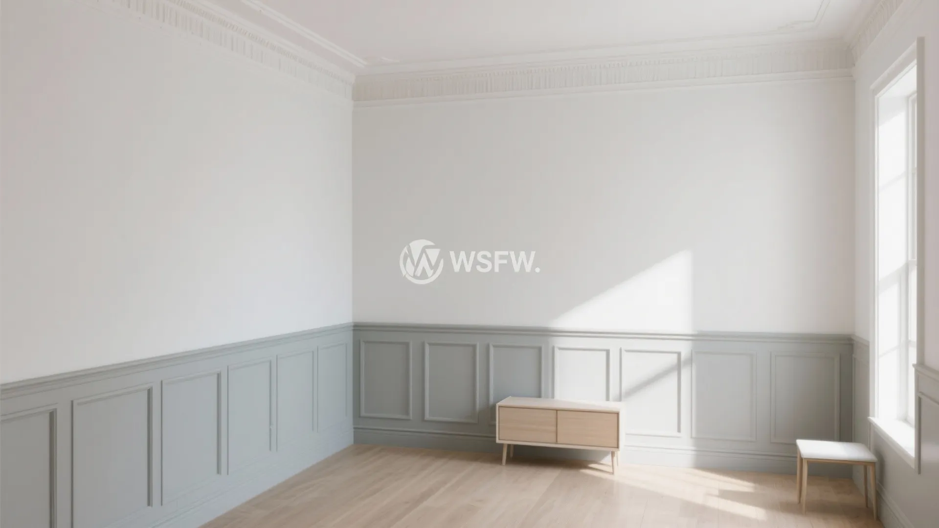 Empty room featuring grey wall panel design with white upper walls and light wood flooring