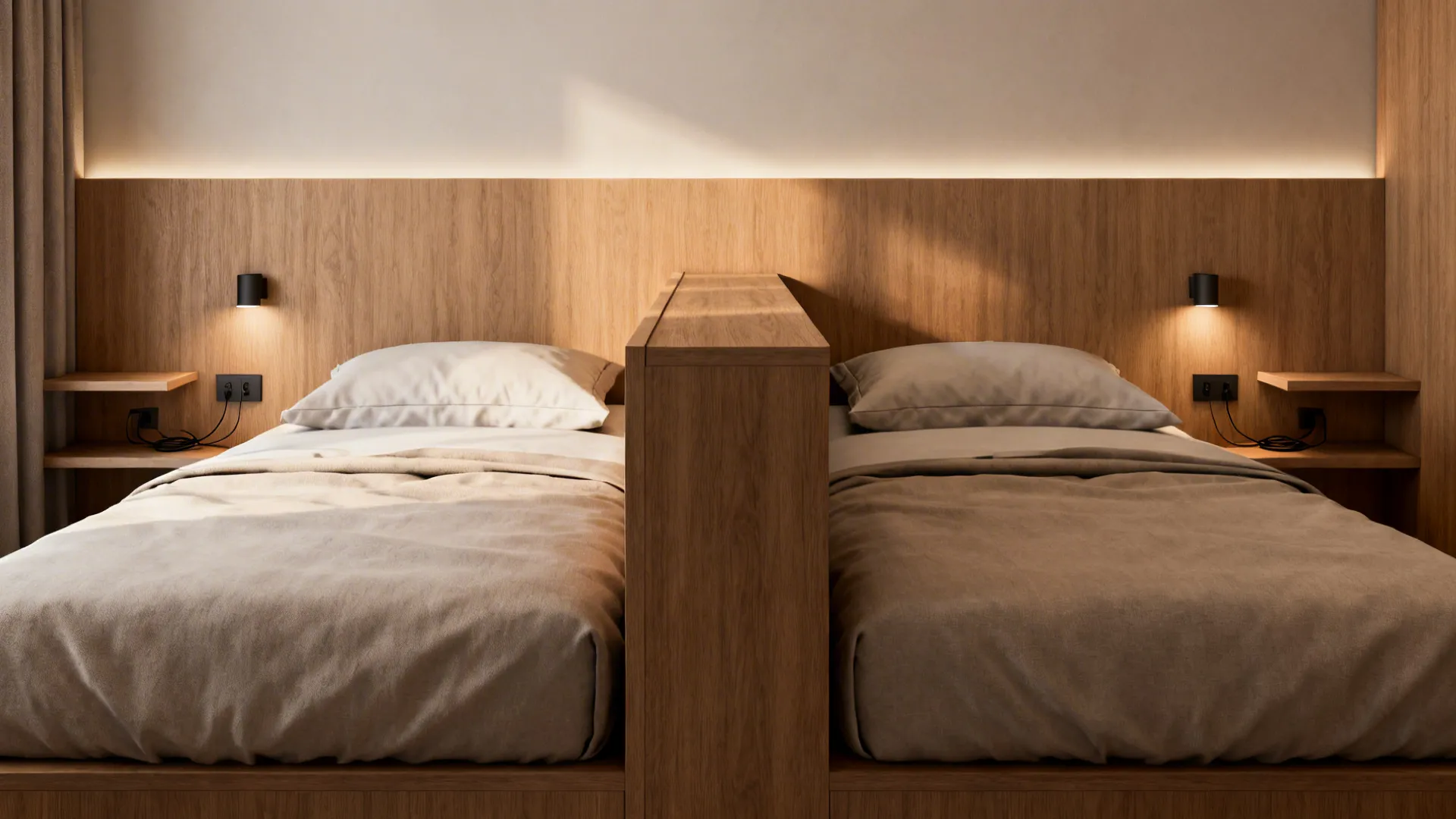 Two twin beds separated by a wooden low wall divider with wall lights and wooden panels