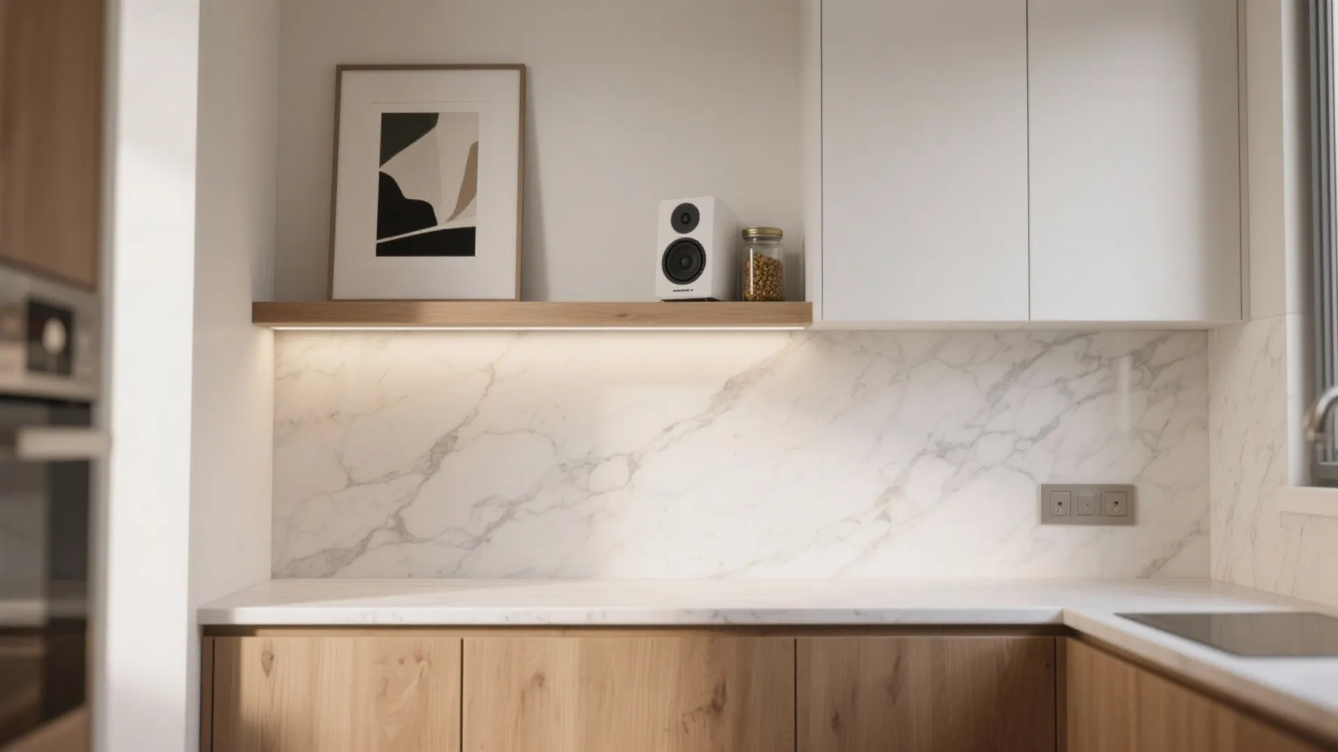 4) Half-height slab backsplash with picture ledge