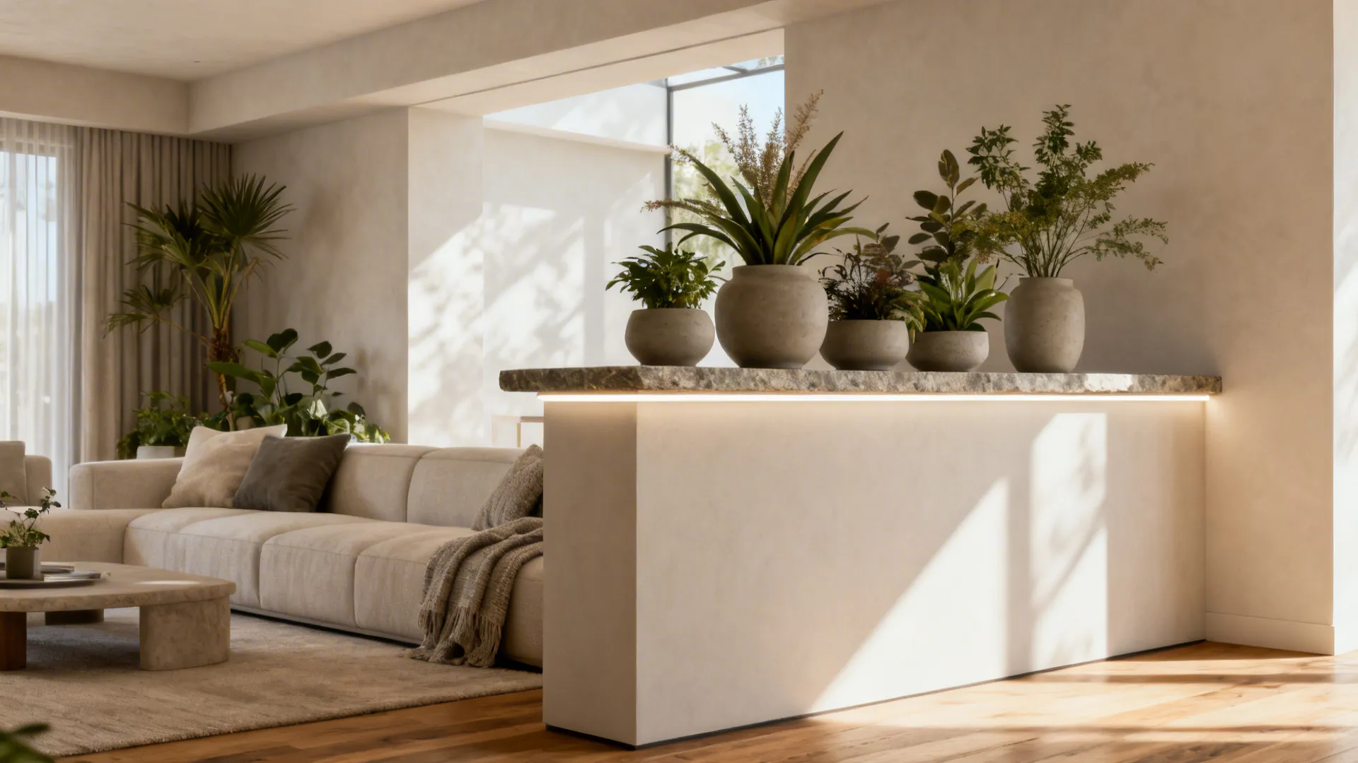 Half-height console wall with plant ledge subtly divides bright drawing and living spaces.