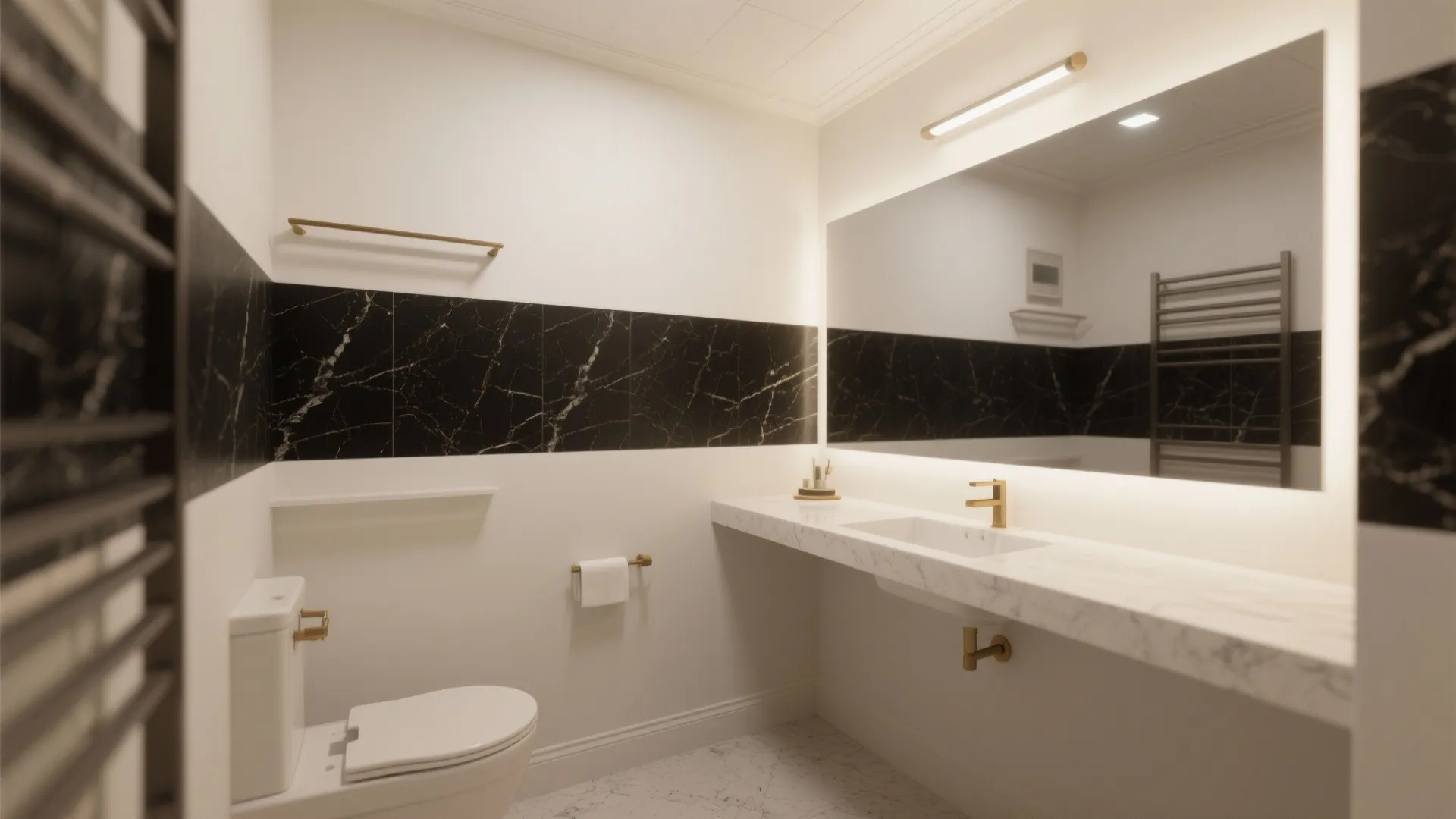 Minimalist white bathroom featuring black marble wall panel, marble countertop, gold faucet and large mirror