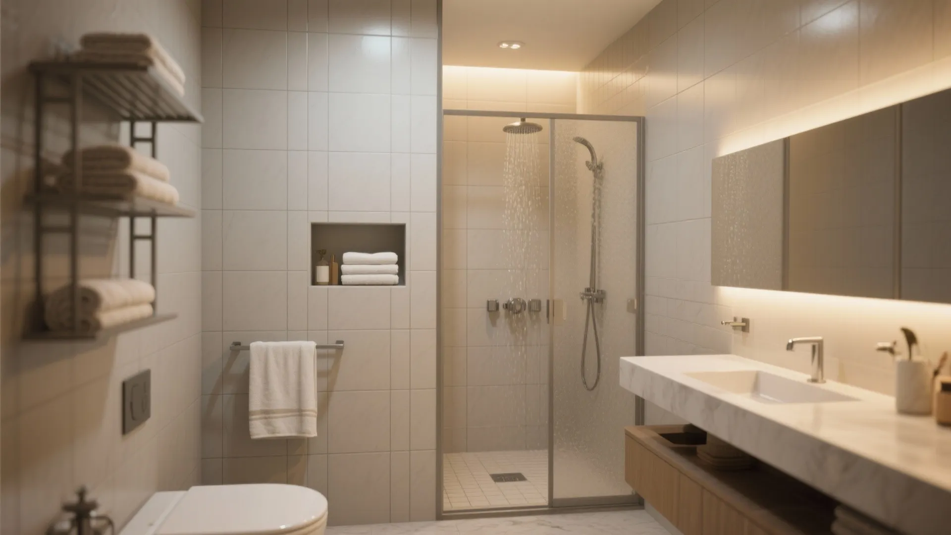 Modern bathroom design with glass shower door marble sink white tile walls and a niche