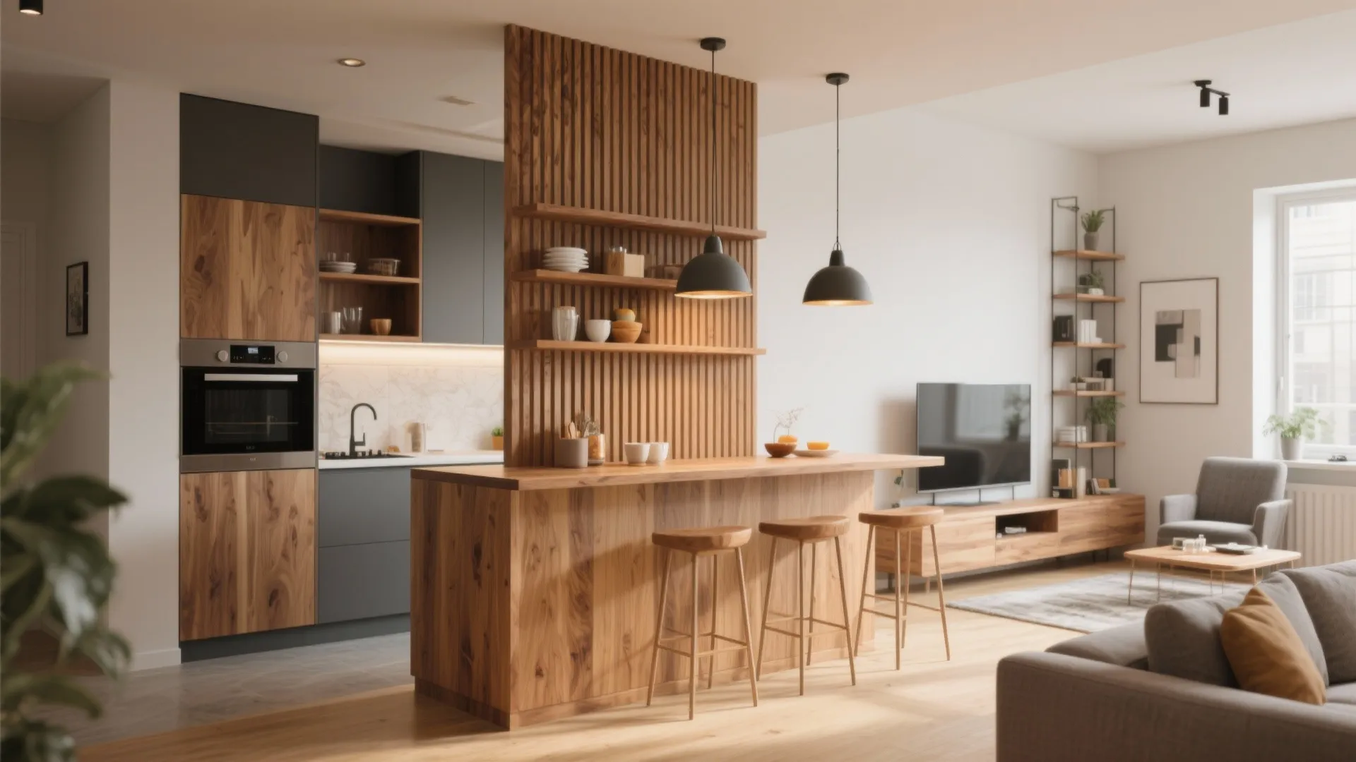 Modern kitchen with wood breakfast bar stools and vertical wood panel divider near living room