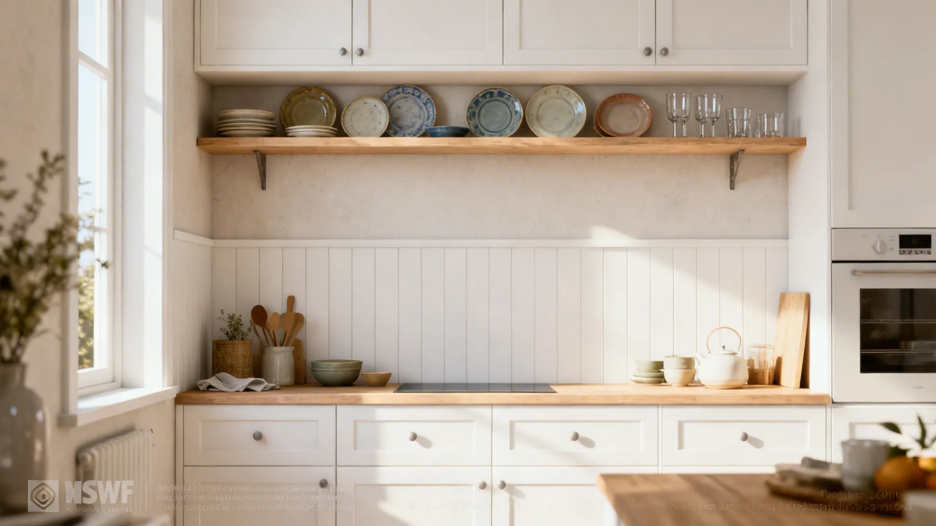 Small kitchen wall with half-height upper cabinets and a band of open shelves displaying curated dishes.
