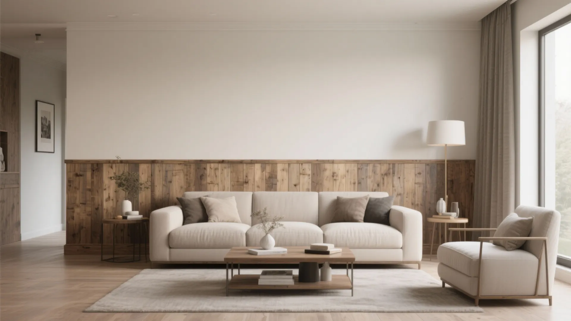 Modern living room with white sofa wooden wall panel coffee table grey rug and floor lamp