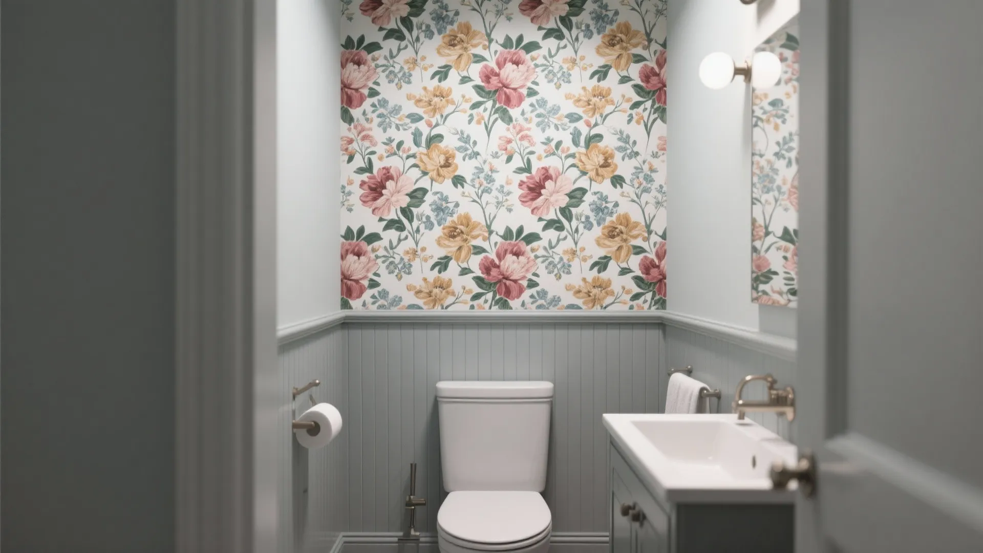 Small bathroom with floral wallpaper grey wall panel white toilet sink mirror and wall light