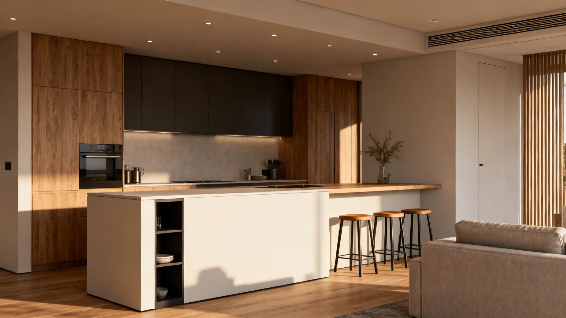 Half-height partition with breakfast ledge separating kitchen and living area