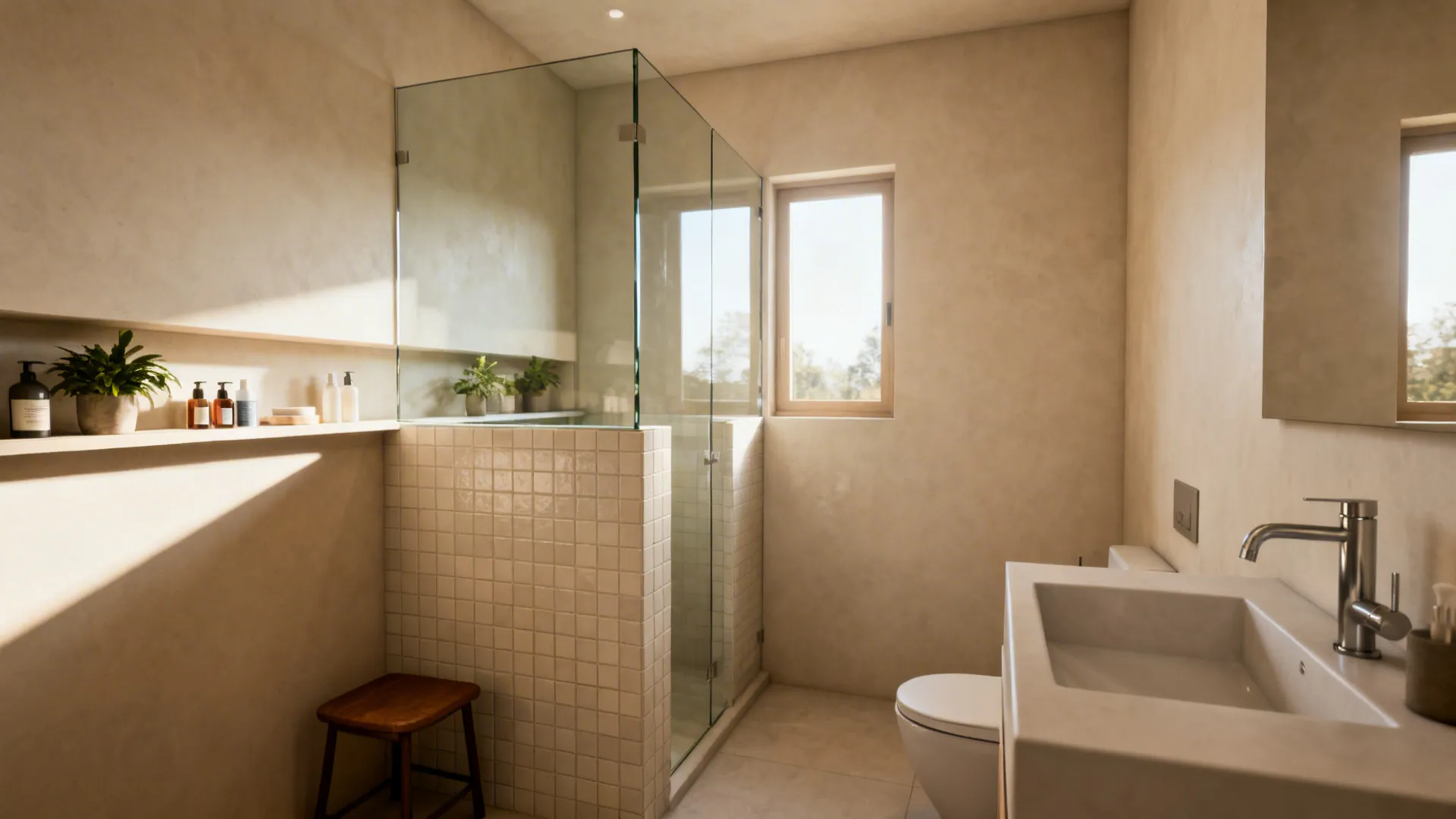 Half-height partition topped with glass creating a private yet light-filled shower area with a ledge.