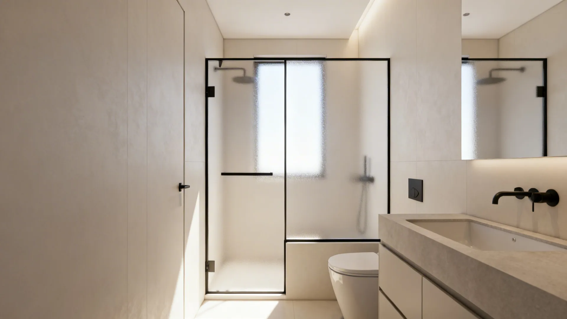Compact bathroom with a half-height wall and frosted glass for privacy while maintaining light.