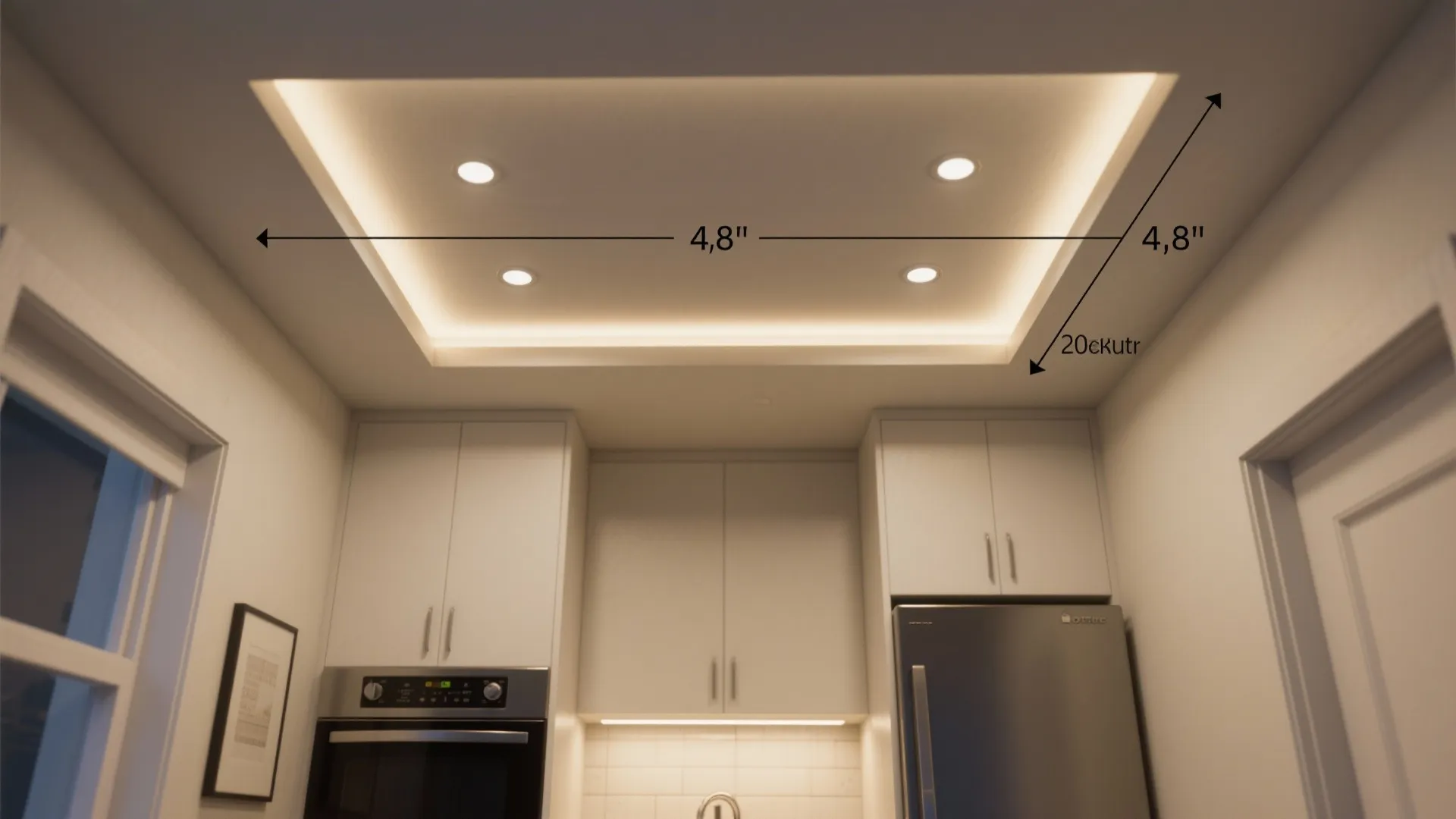 Modern kitchen ceiling layout showing measurements for recessed lighting above white cabinets and silver fridge