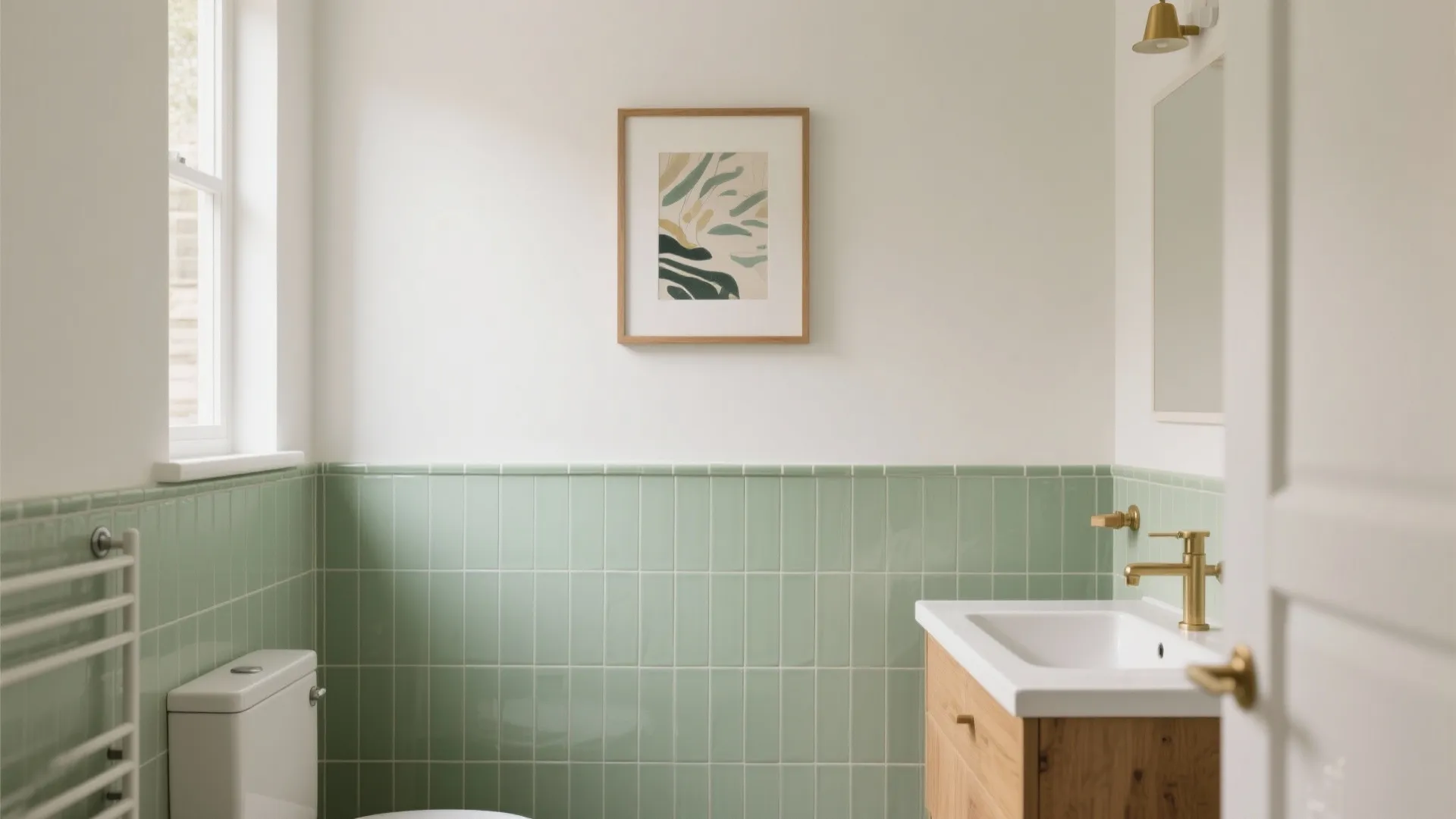 Modern bathroom with sage green wall tiles white walls wooden cabinet gold faucet and framed art