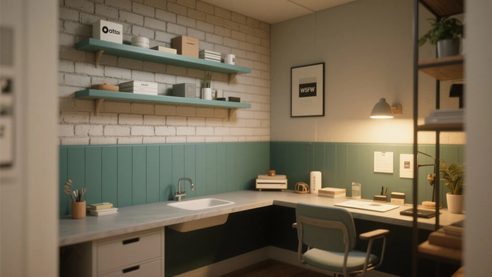 Modern home office with green wall panel white brick wall floating shelves sink and desk