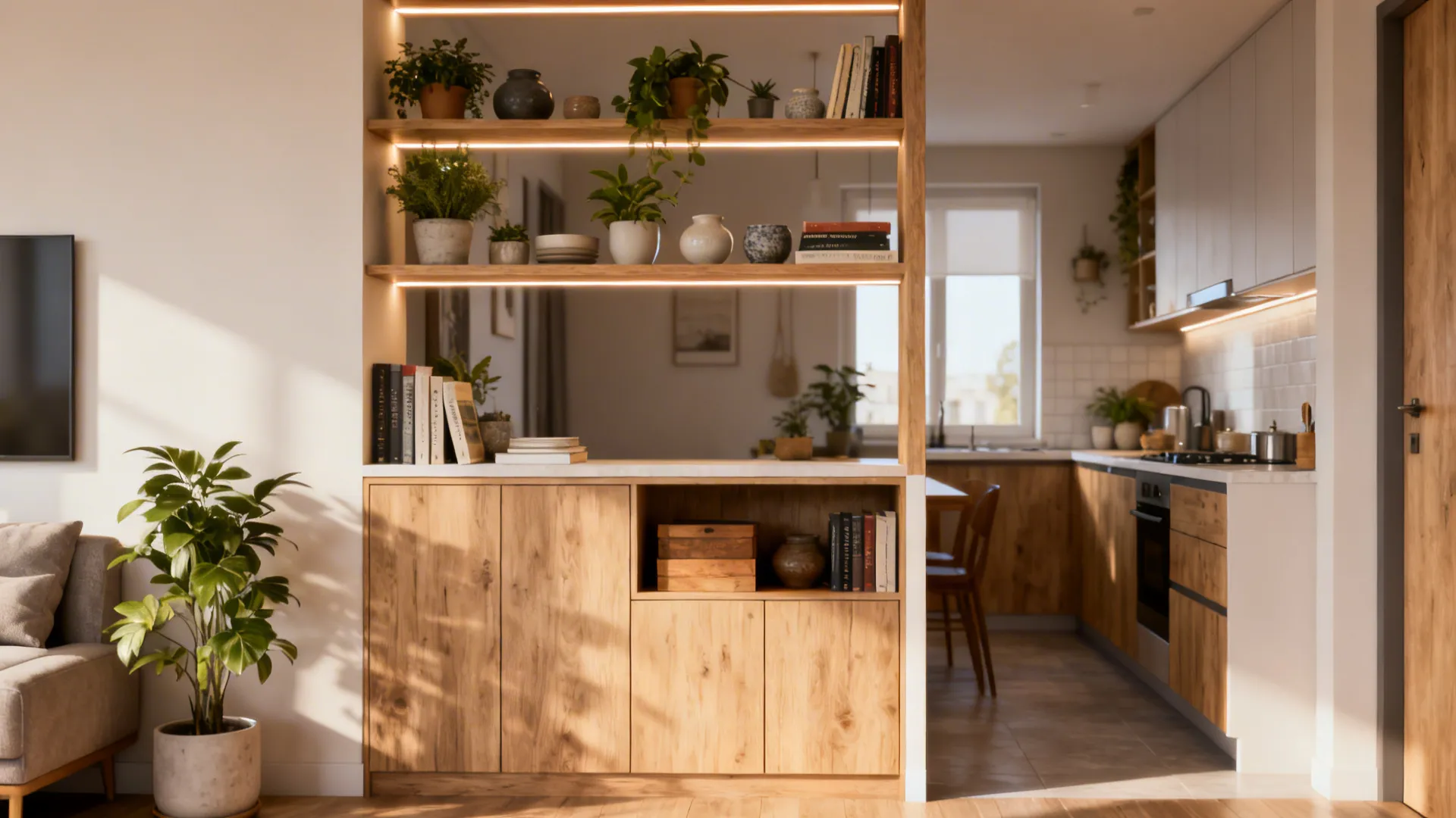 Half-height partition with open shelving separating living room and kitchen, styled with plants and ceramics.
