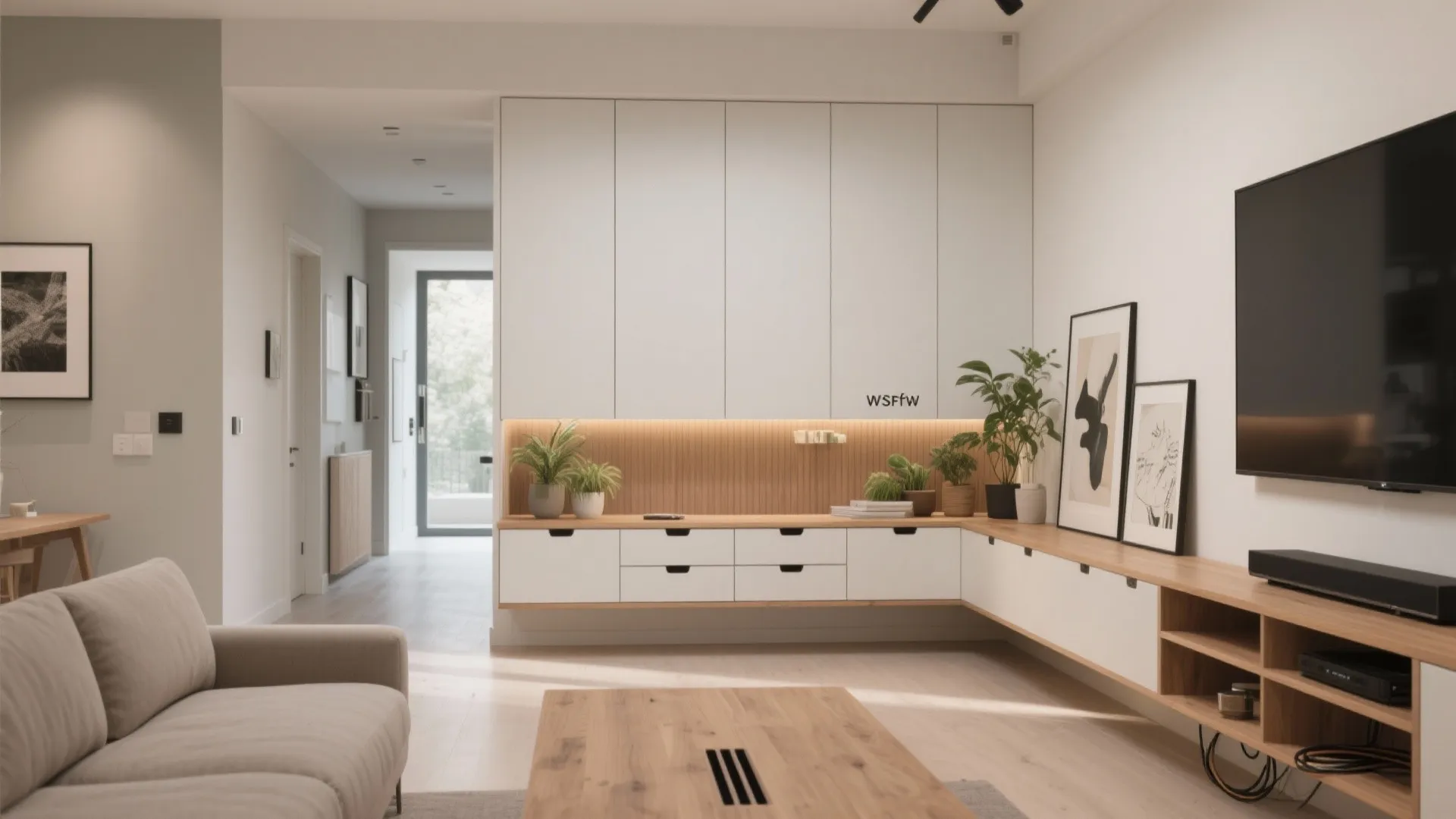 Half-height storage wall with drawers divides hall and lounge while keeping open sightlines.