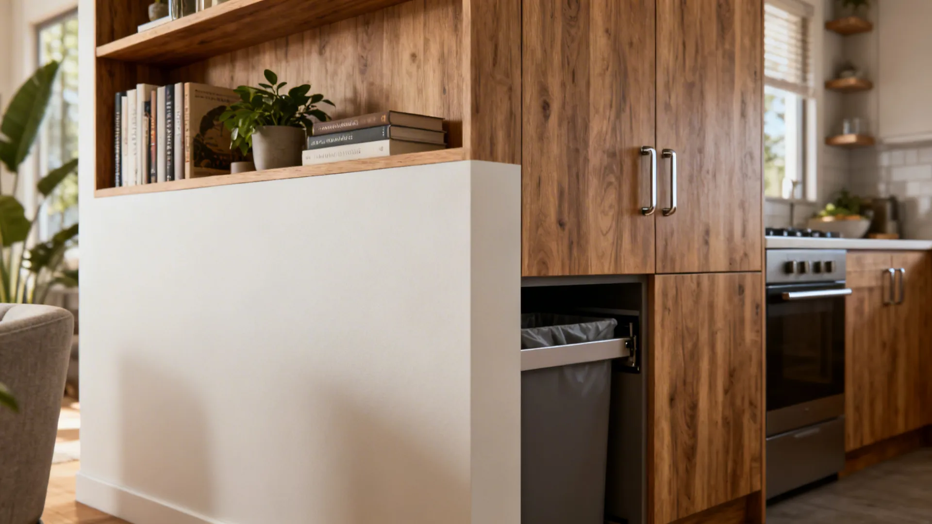 Wooden kitchen cabinet with pull out trash bin and open shelves holding books and small plants