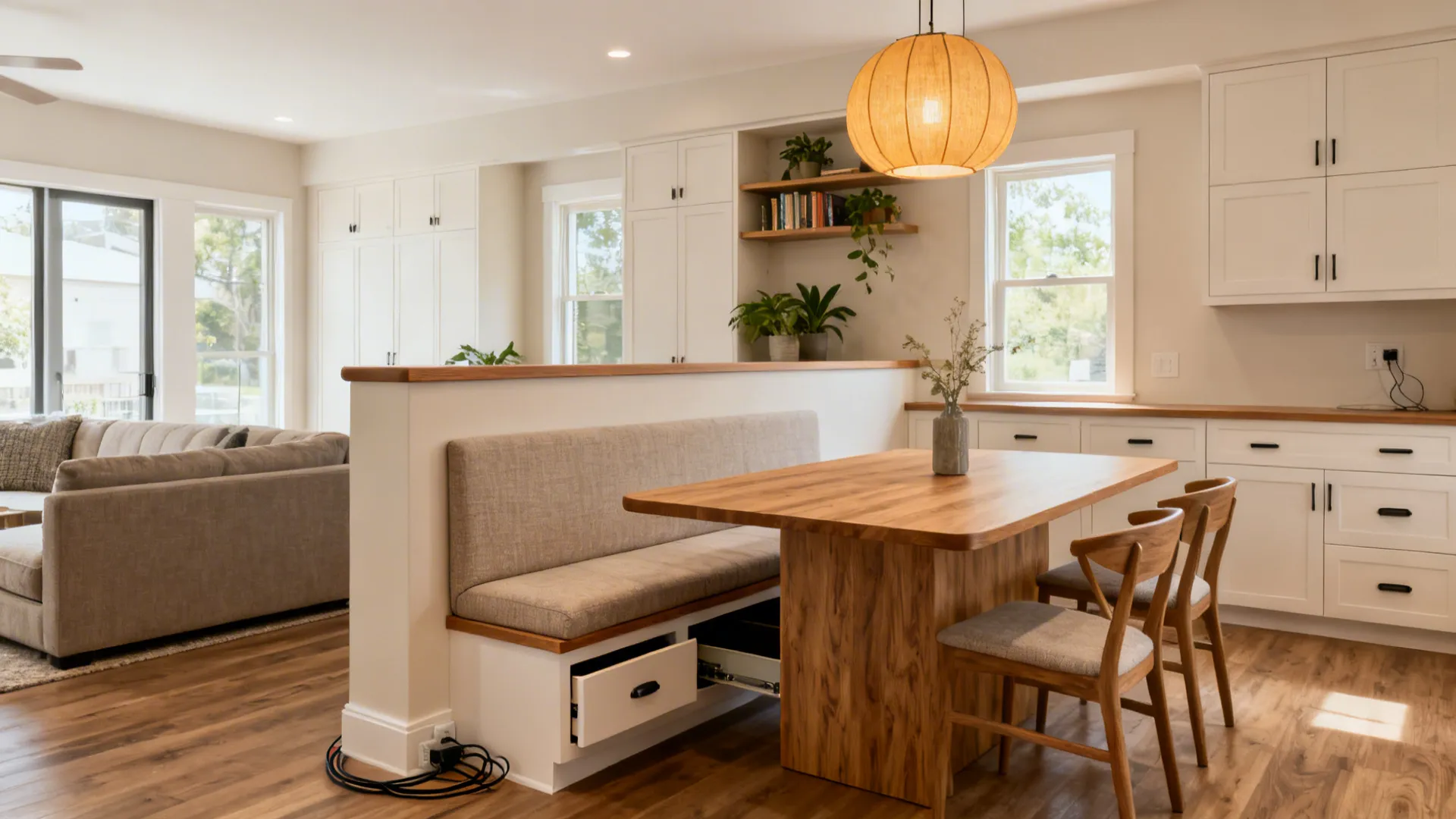 Half-height storage partition with banquette seating and drawers divides living and dining zones.