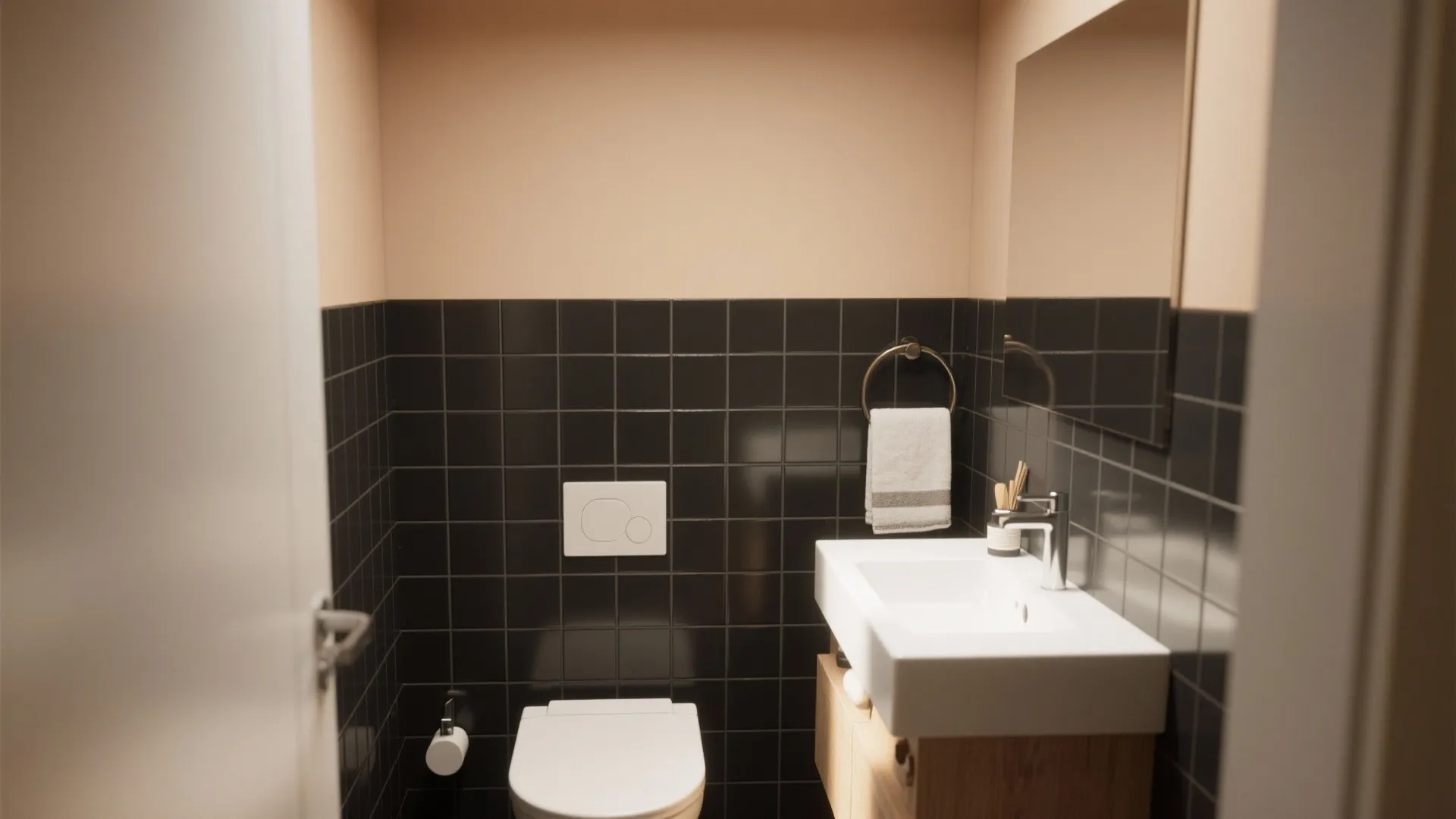 Small bathroom with lower half tiled using black grout and painted upper wall in warm neutral semi-gloss.