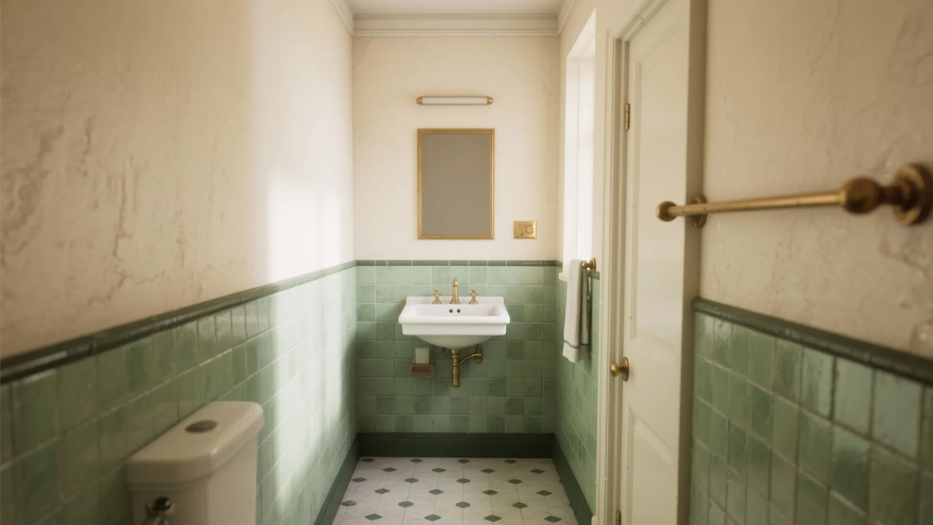 Rental bathroom with half-height green tiles and cream painted upper wall with brass accents