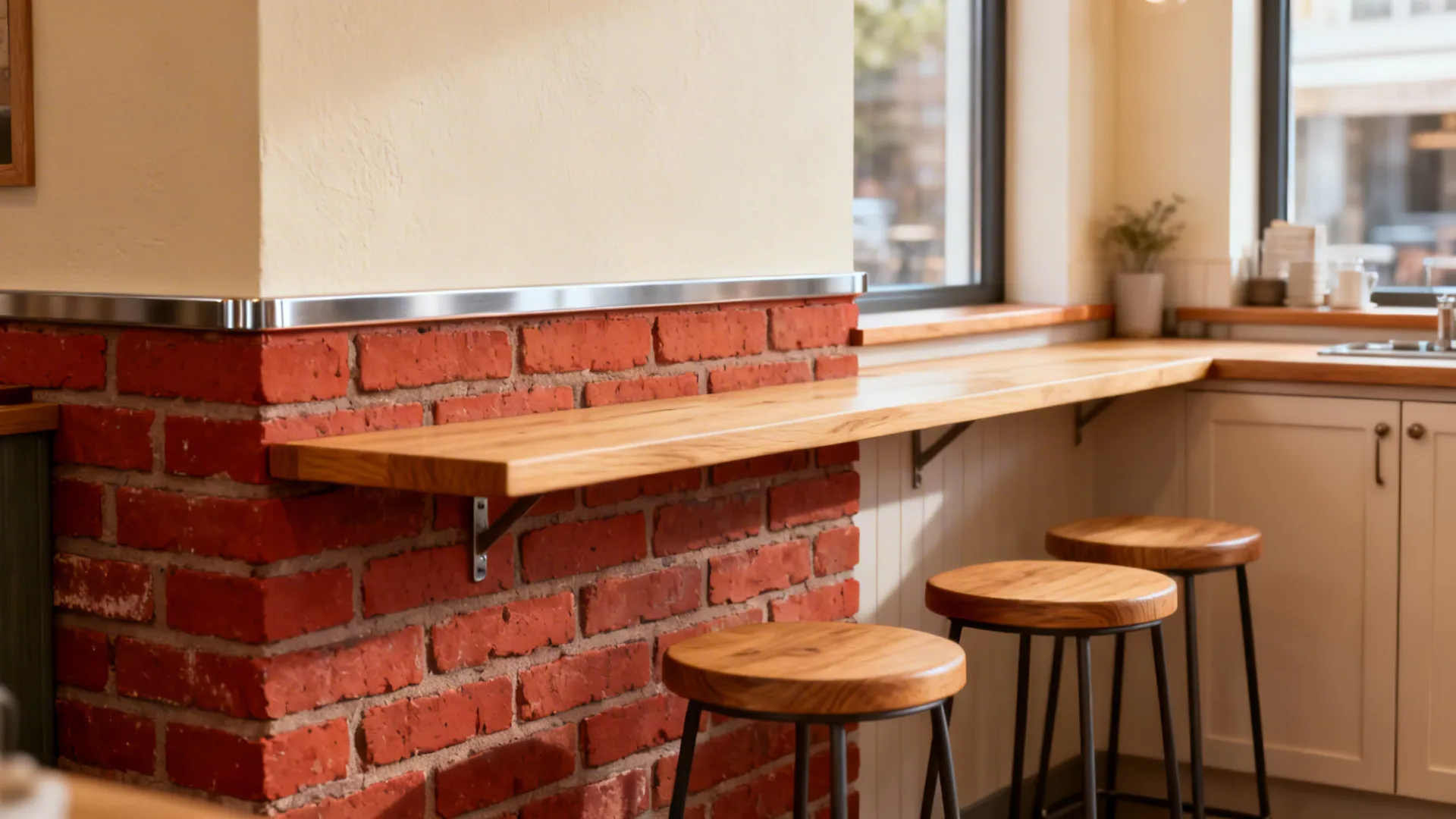 Half-height red brick wainscot with warm off-white wall and oak accents in a small kitchenette.