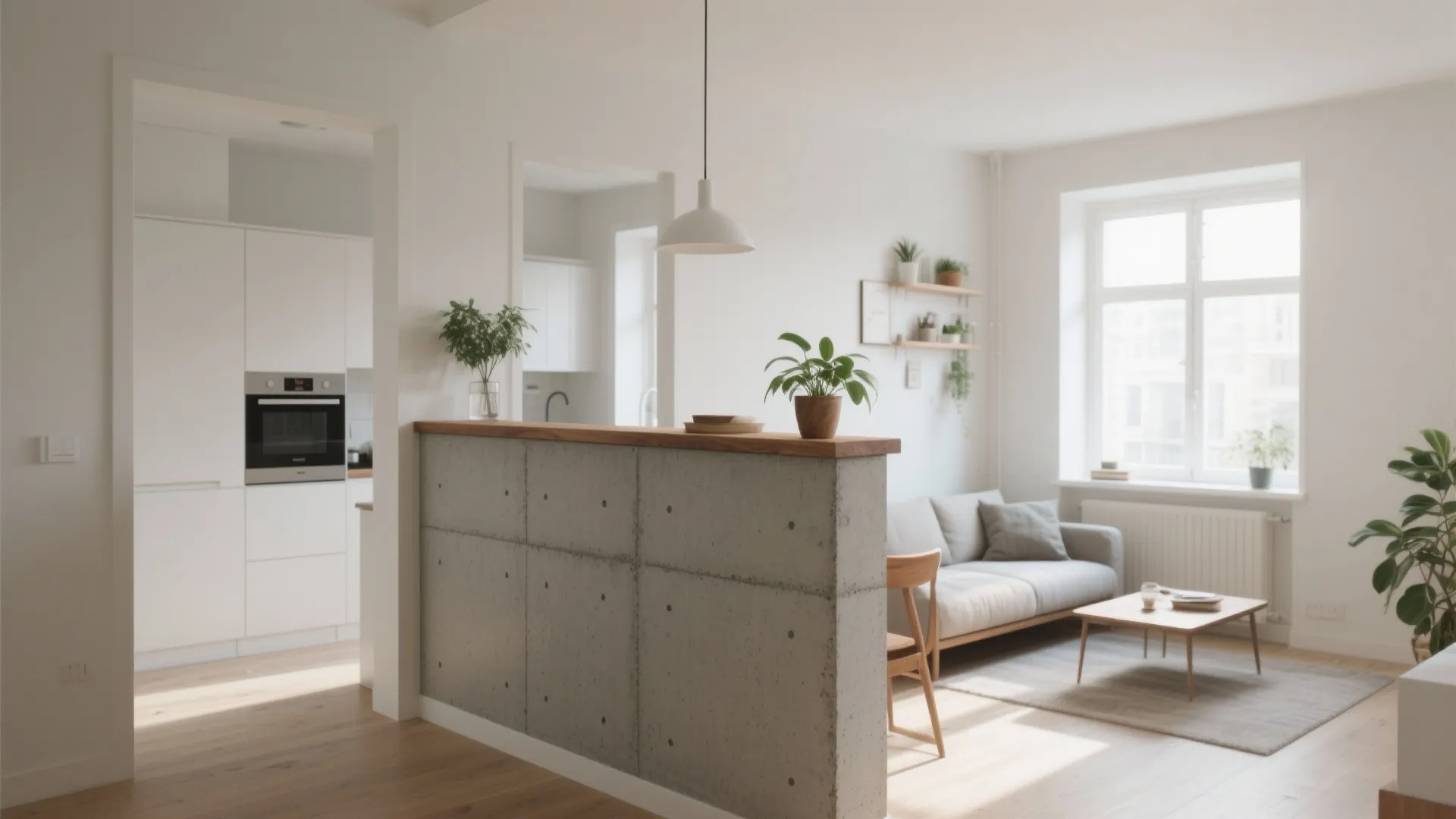 Modern living room featuring a concrete half wall separating the white kitchen from the sofa area
