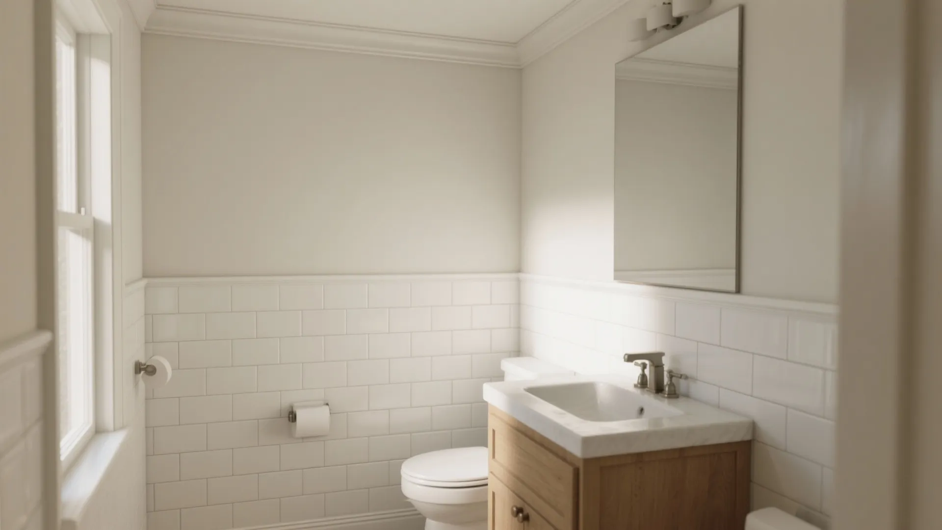 Half-height white tile wainscot with warm-white paint above in a bright bathroom.