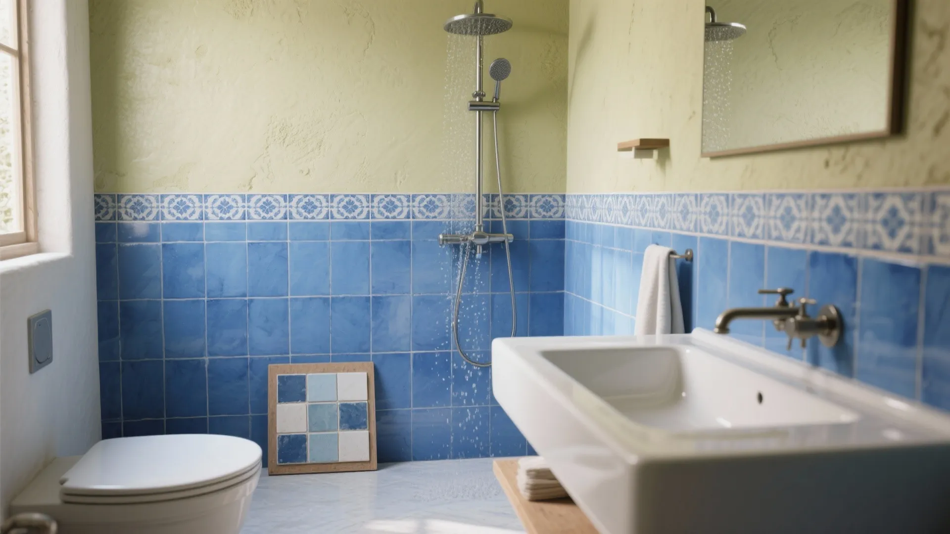 Bathroom interior with blue wall tiles yellow walls shower head white sink and white toilet seat