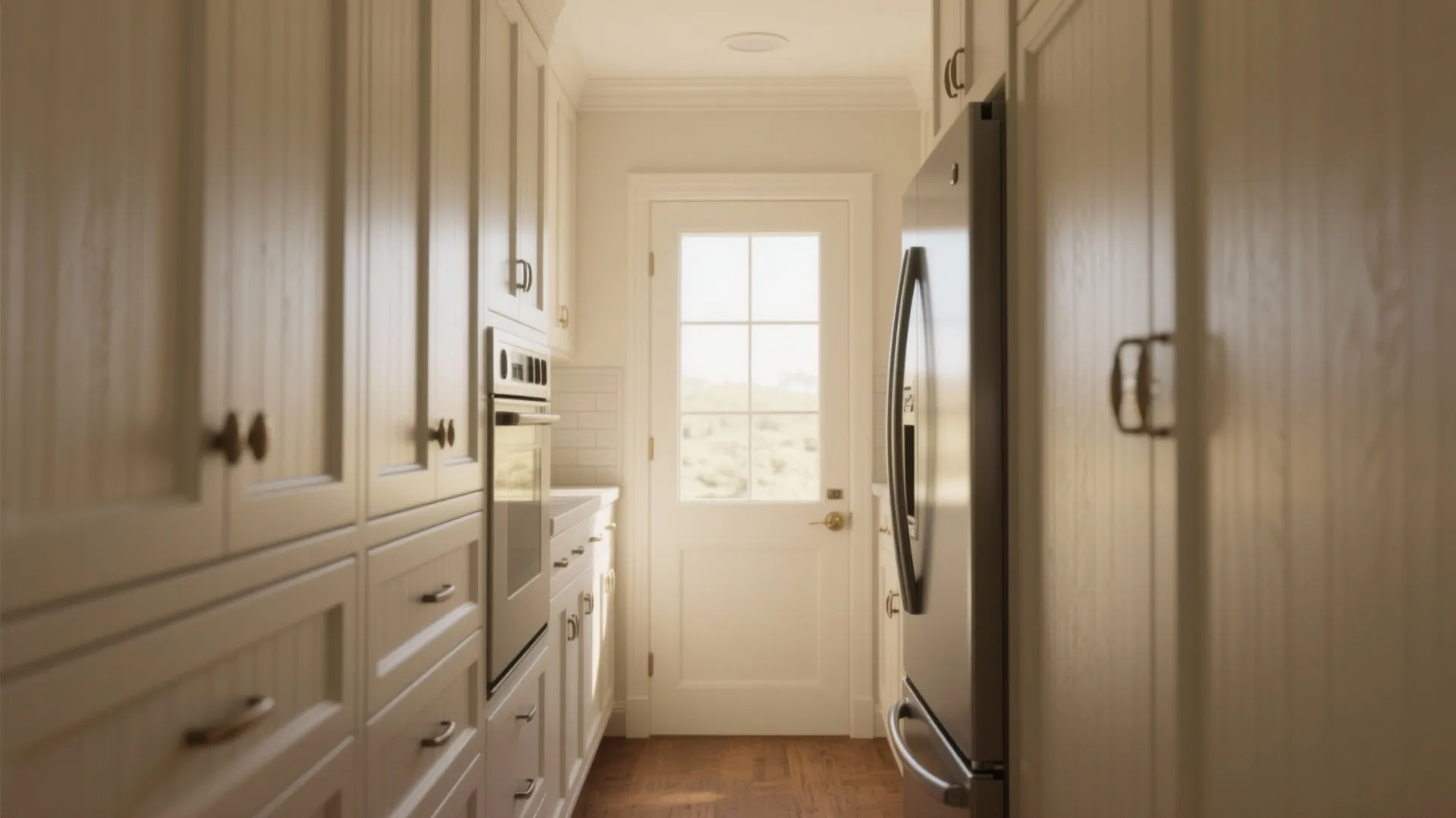 Bright kitchen interior with white cabinets wooden floor stainless steel fridge and a white back door