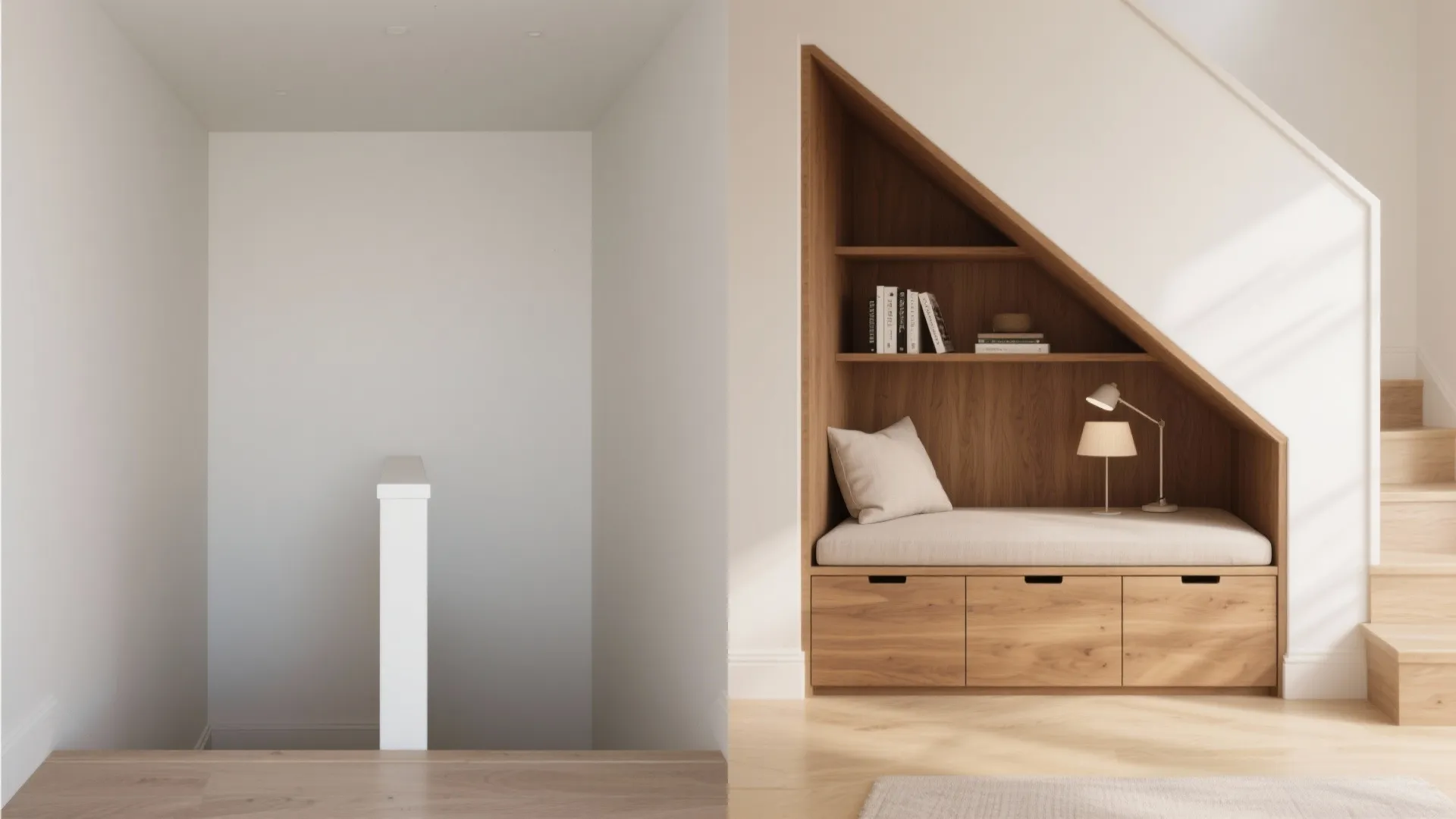 Before and after of a half-landing converted into a built-in reading bench with hidden drawers and shelving.