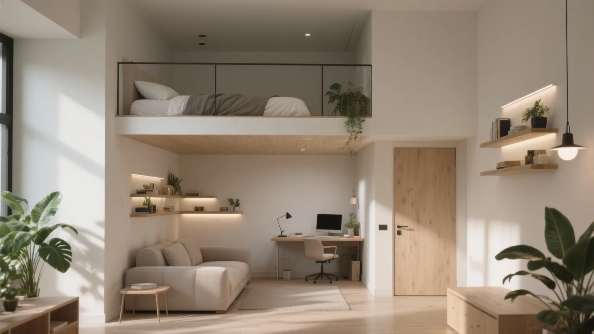 Modern loft apartment with upper level bed, lower sofa area, wooden desk, and green plants