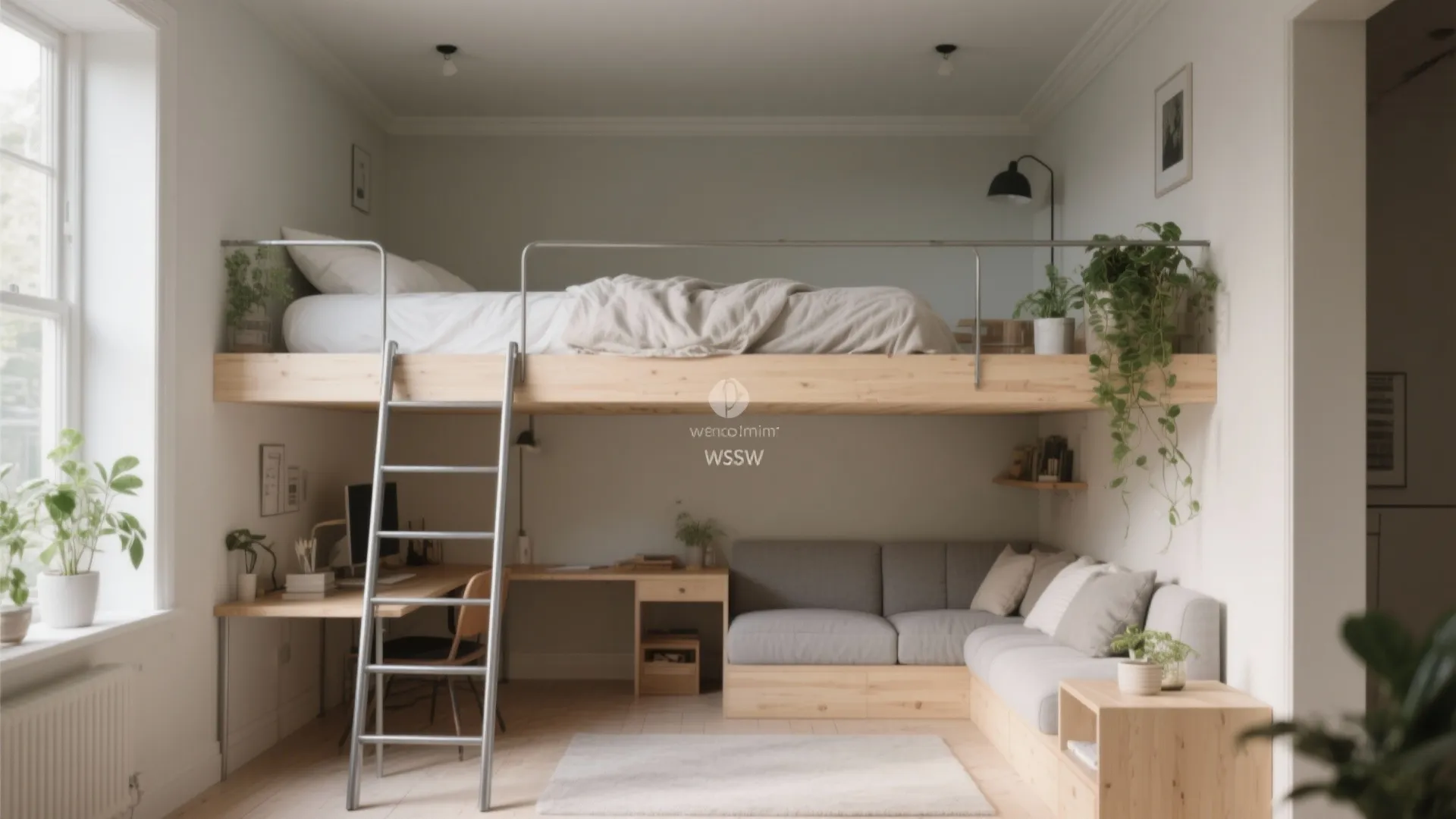 Small studio apartment with wooden loft bed over grey sofa and white desk with chair