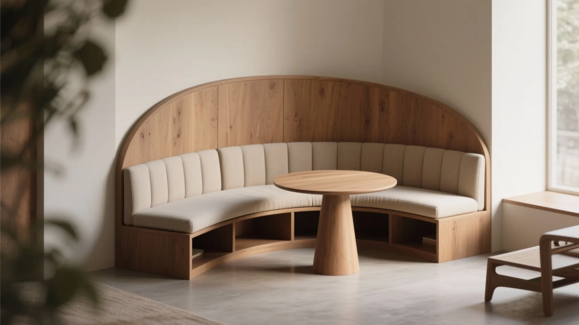 Modern curved wooden bench with beige cushions paired with a round wood table in corner