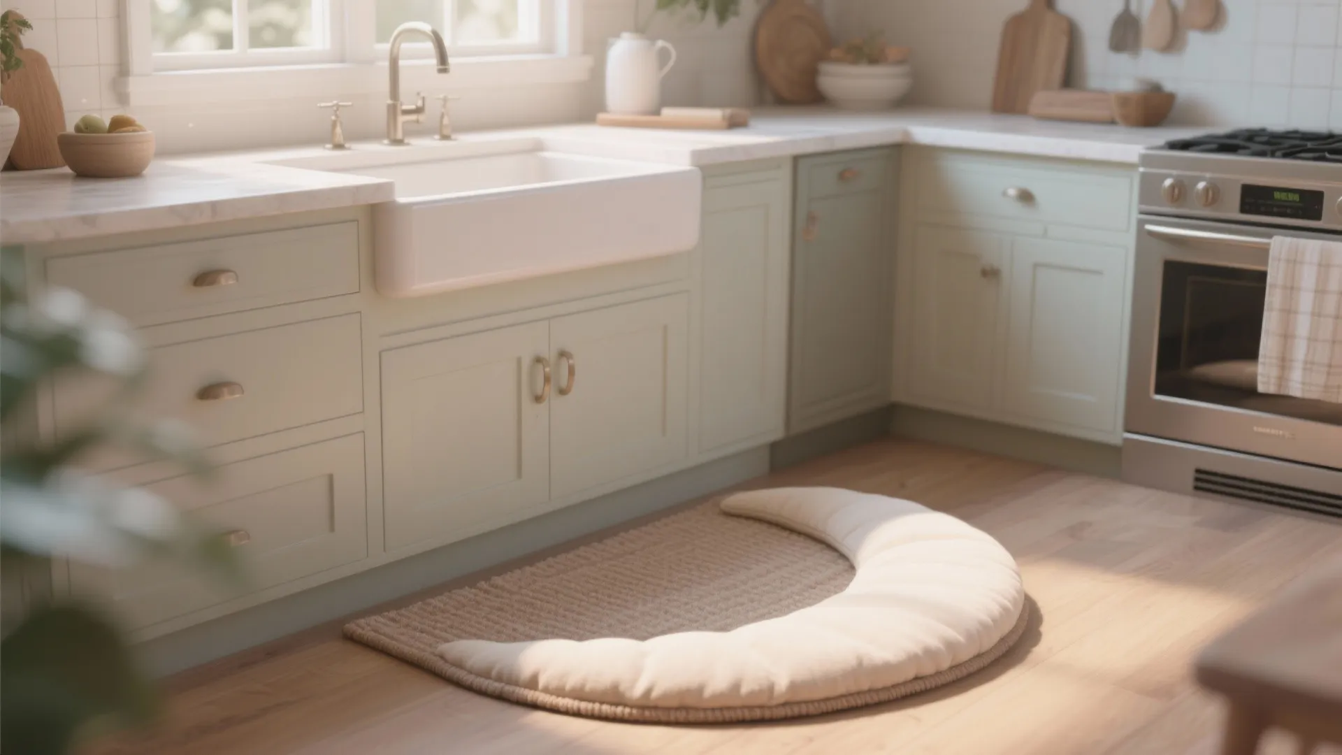 Light green kitchen cabinets with white sink and a unique moon shaped floor rug mat