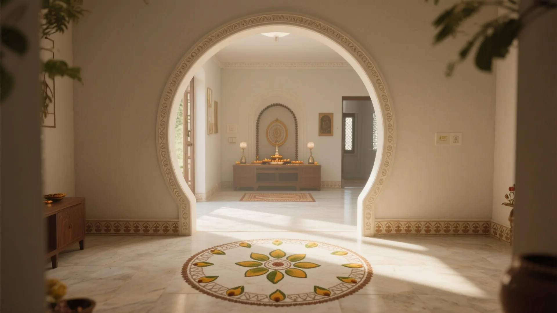 Traditional white hallway with round door opening leading to a prayer room with wooden storage cabinet