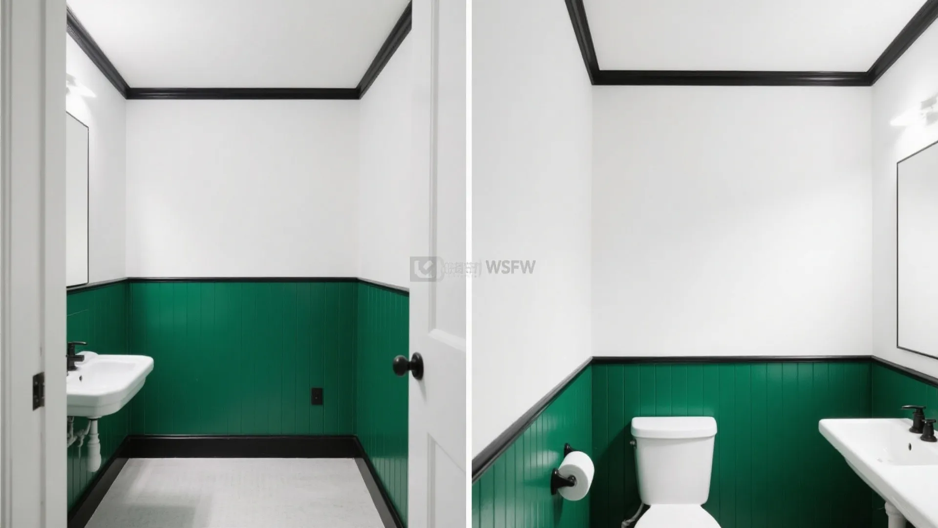 Bathroom with green lower wall panels white upper walls white sink toilet and black trim