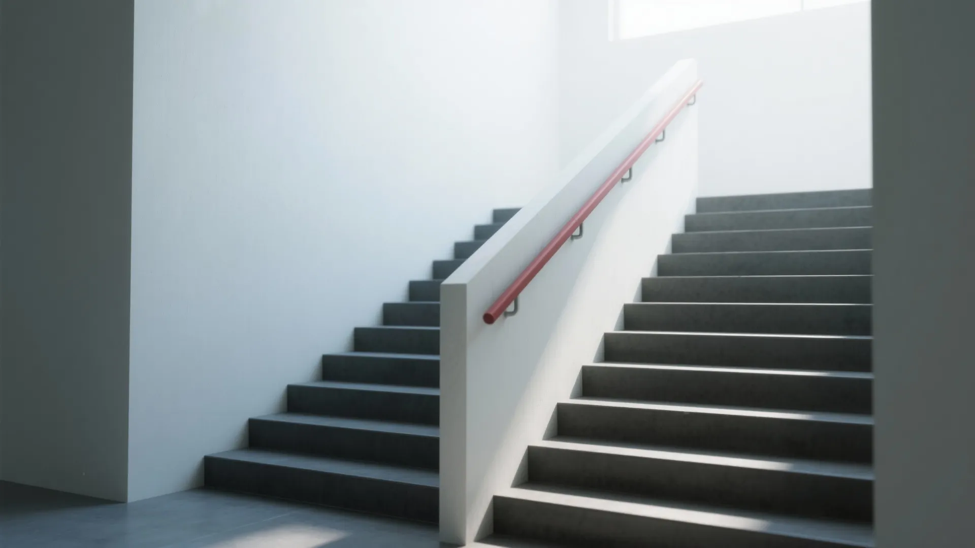 Interior design drawing of modern grey stairs with a red handrail and bright white walls