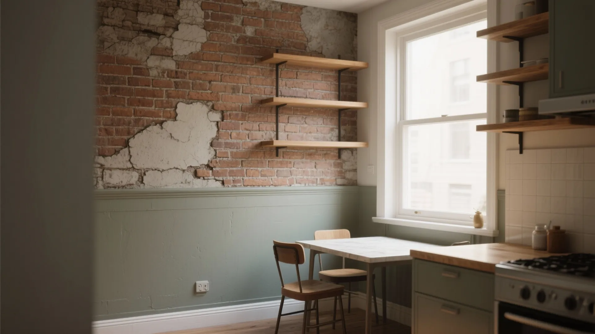 Half-painted brick wall defining a kitchenette and dining area, painted lower half with raw upper brick exposed.